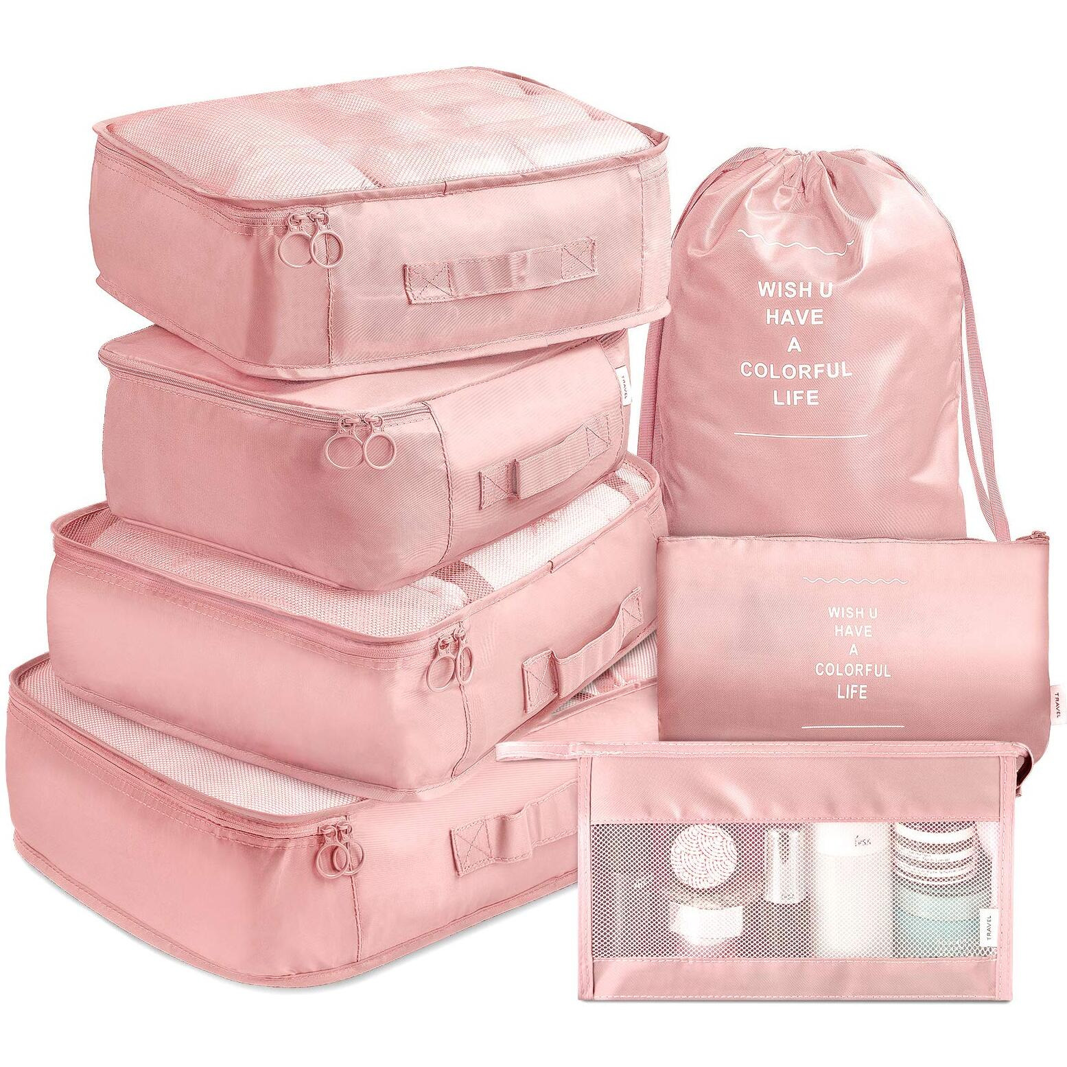 Ambiger Travel organizer 7 in 1 Travel Packing Cosmetics Luggage Packing Organizers Set Makeup Bags Organizer Packing Cubes with Shoe Bag for travel (Pink, nylon)