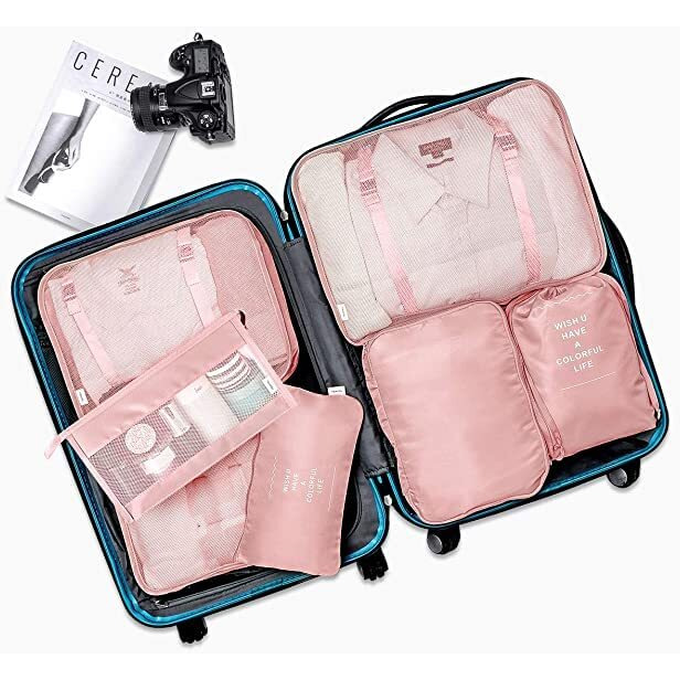 Ambiger Travel organizer 7 in 1 Travel Packing Cosmetics Luggage Packing Organizers Set Makeup Bags Organizer Packing Cubes with Shoe Bag for travel (Pink, nylon)