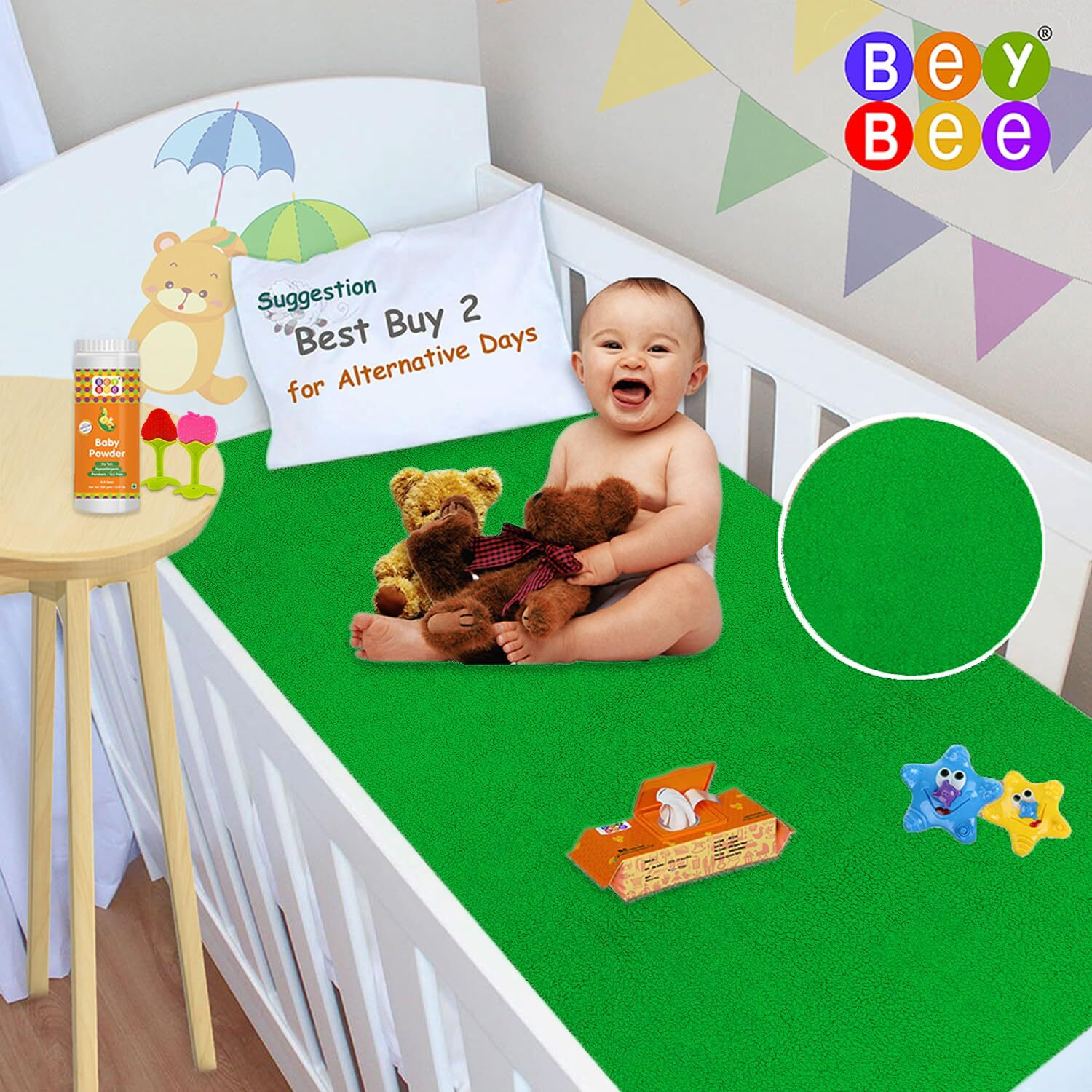 BeyBee Waterproof Quick Dry Sheet for Baby| Bed Pad Anti-Piling Fleece Extra Absorbent Washable Matress Protector| Baby Bed Protector Sheet for Toddler Children, Small Size, 50x70cm, Light Green