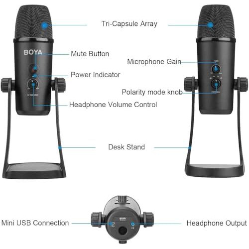 Boya BY-PM700 USB Computer Microphone for Vlog Conference Live, Condenser Microphone with Flexible Polar Pattern for Windows and Mac Tablet Recording Interview Vlog Game Podcast