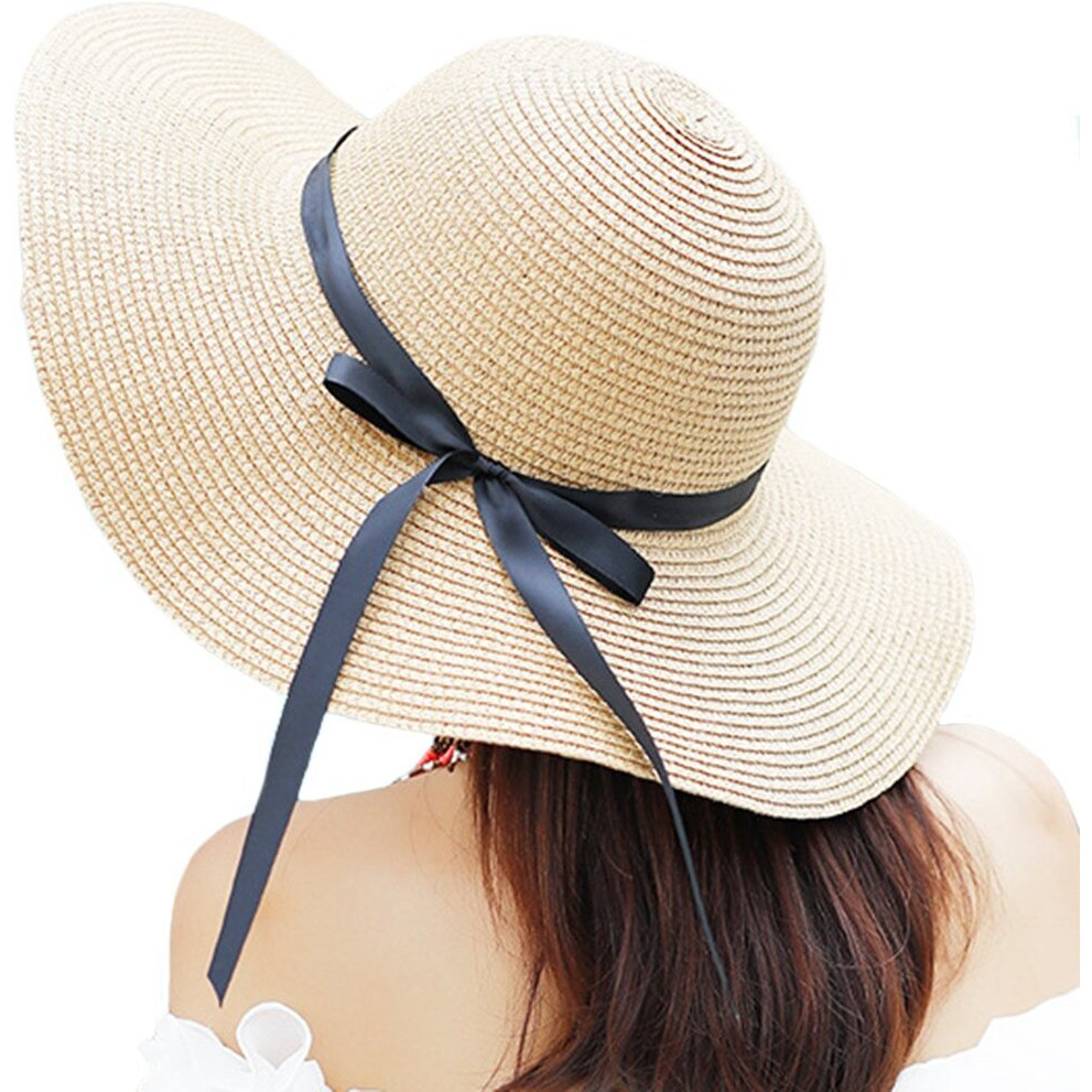 Itopfox Women s Big Brim Sun Hat Floppy Foldable Bowknot Straw Hat Summer Beach Hat Beige, Free Size