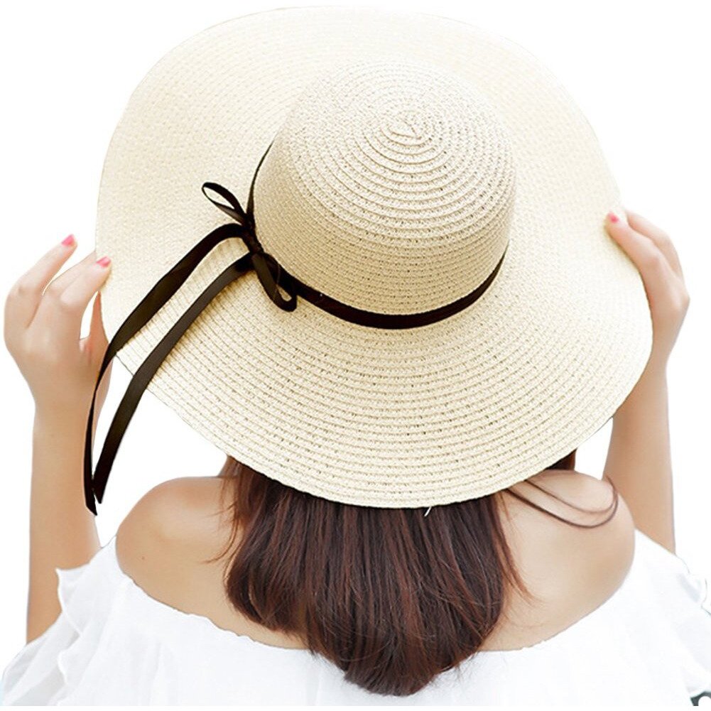 Itopfox Women s Big Brim Sun Hat Floppy Foldable Bowknot Straw Hat Summer Beach Hat Beige, Free Size