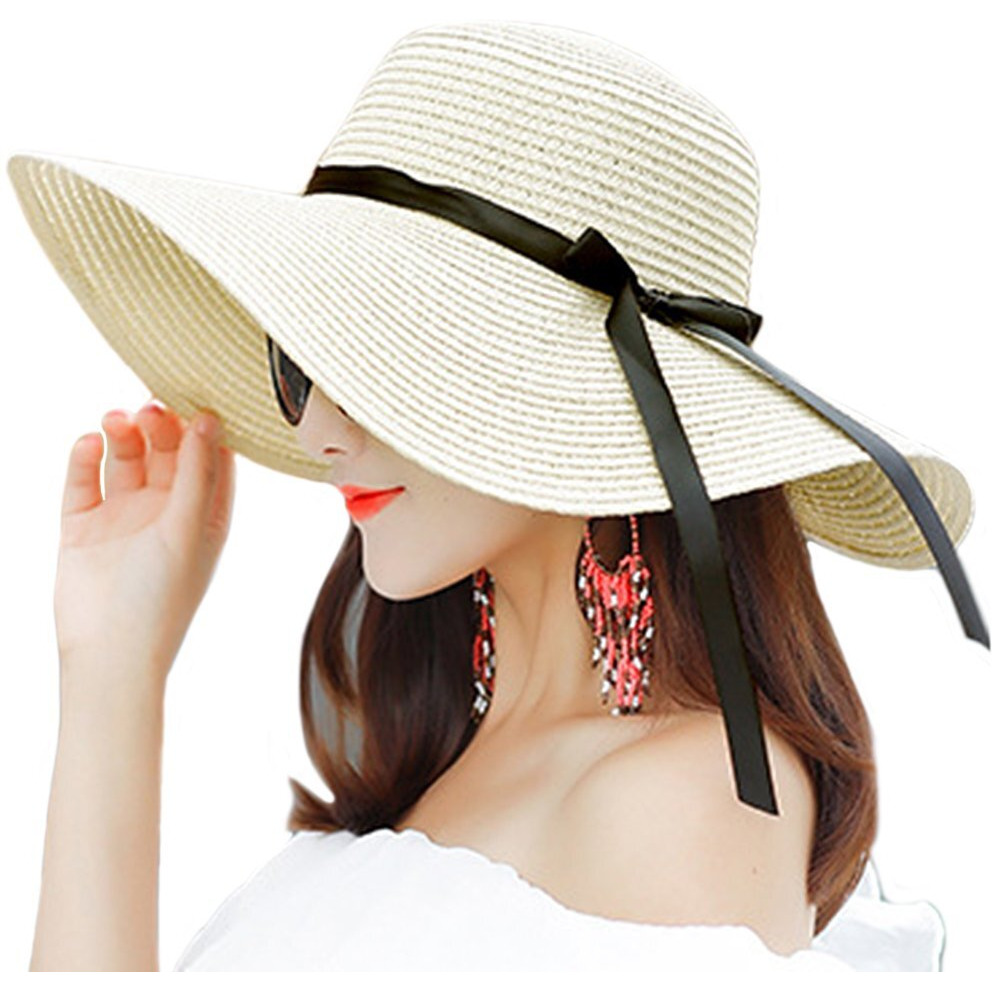 Itopfox Women s Big Brim Sun Hat Floppy Foldable Bowknot Straw Hat Summer Beach Hat Beige, Free Size