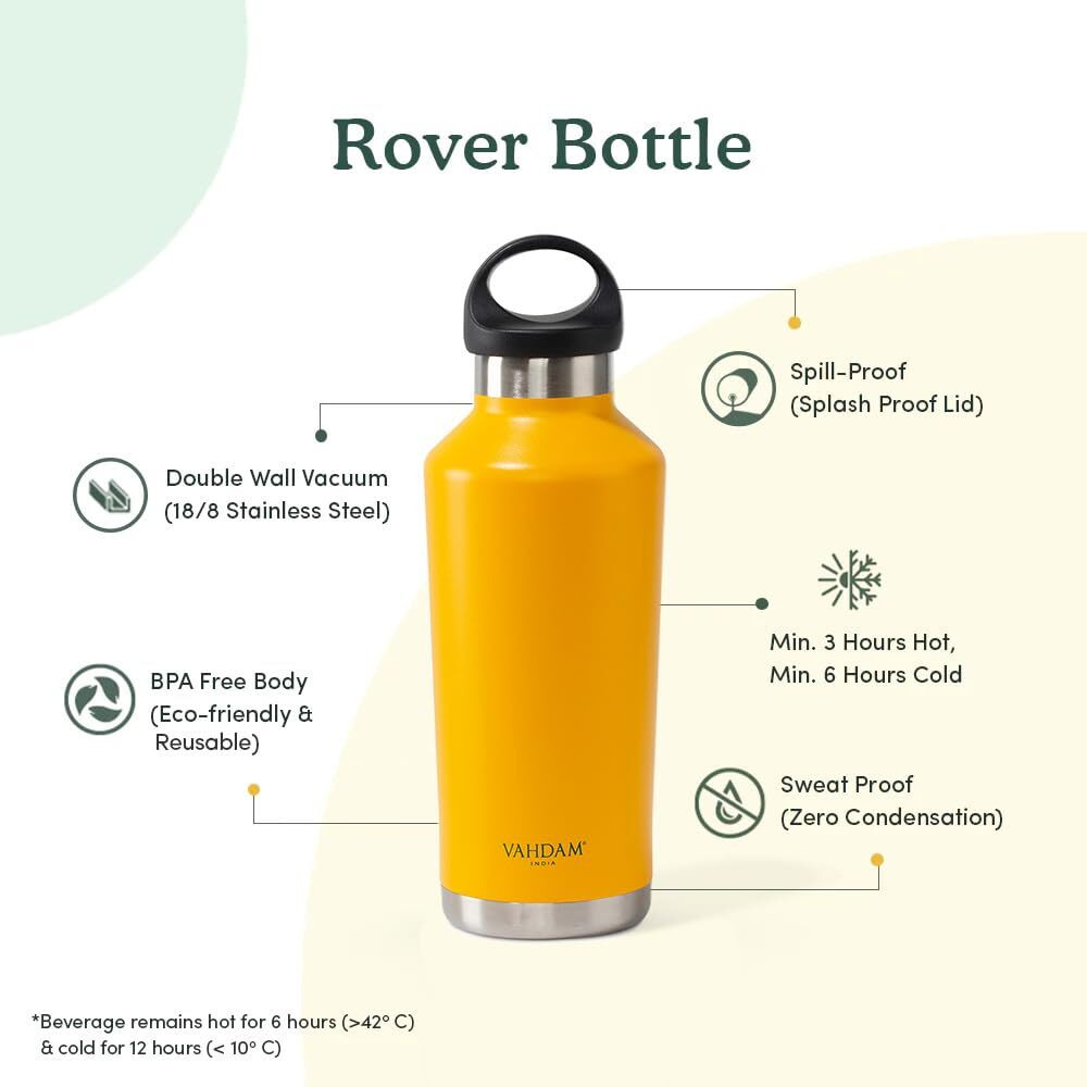 VAHDAM, Stainless Steel Travel Bottle 500ml - Yellow | Leak-Proof, Vacuum Insulated, Double Wall | Sweat-Proof Water Bottle for Hot and Cold Drinks