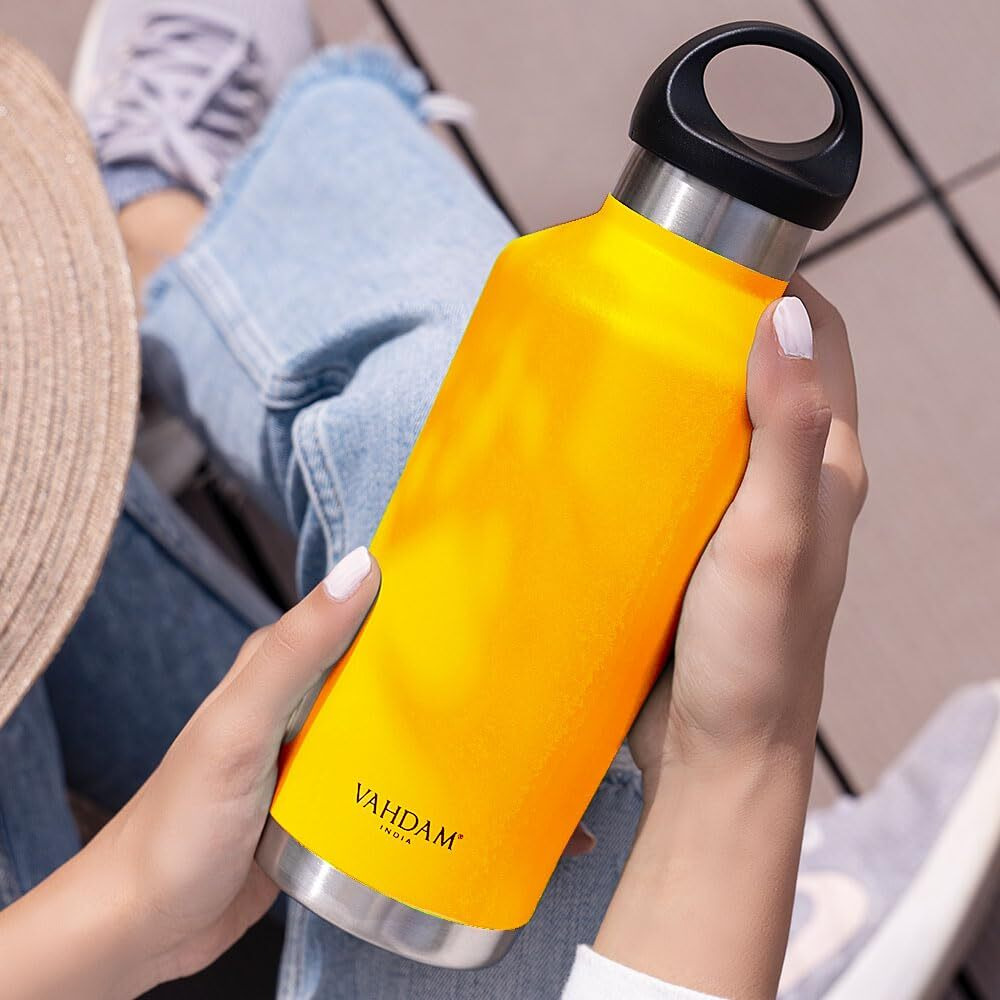 VAHDAM, Stainless Steel Travel Bottle 500ml - Yellow | Leak-Proof, Vacuum Insulated, Double Wall | Sweat-Proof Water Bottle for Hot and Cold Drinks