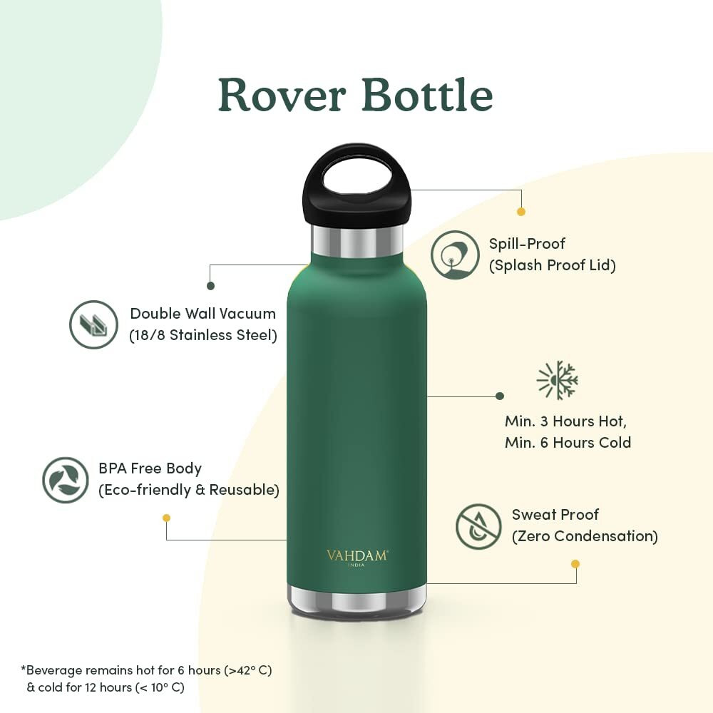 VAHDAM, Stainless Steel Travel Bottle 500ml - Green | Leak-Proof, Vacuum Insulated, Double Wall | Sweat-Proof Water Bottle for Hot and Cold Drinks