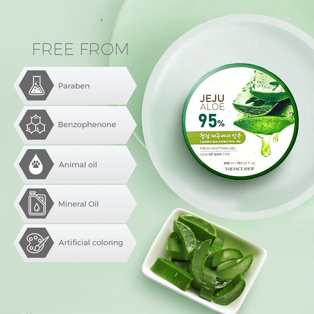The Face Shop Non-Sticky Transparent 3 in 1 Aloe Fresh Soothing gel for Skin, Body and Hair | Pure Aloe Vera & Vitamin E for Skin and Hair | Korean Skin care products, 300ml
