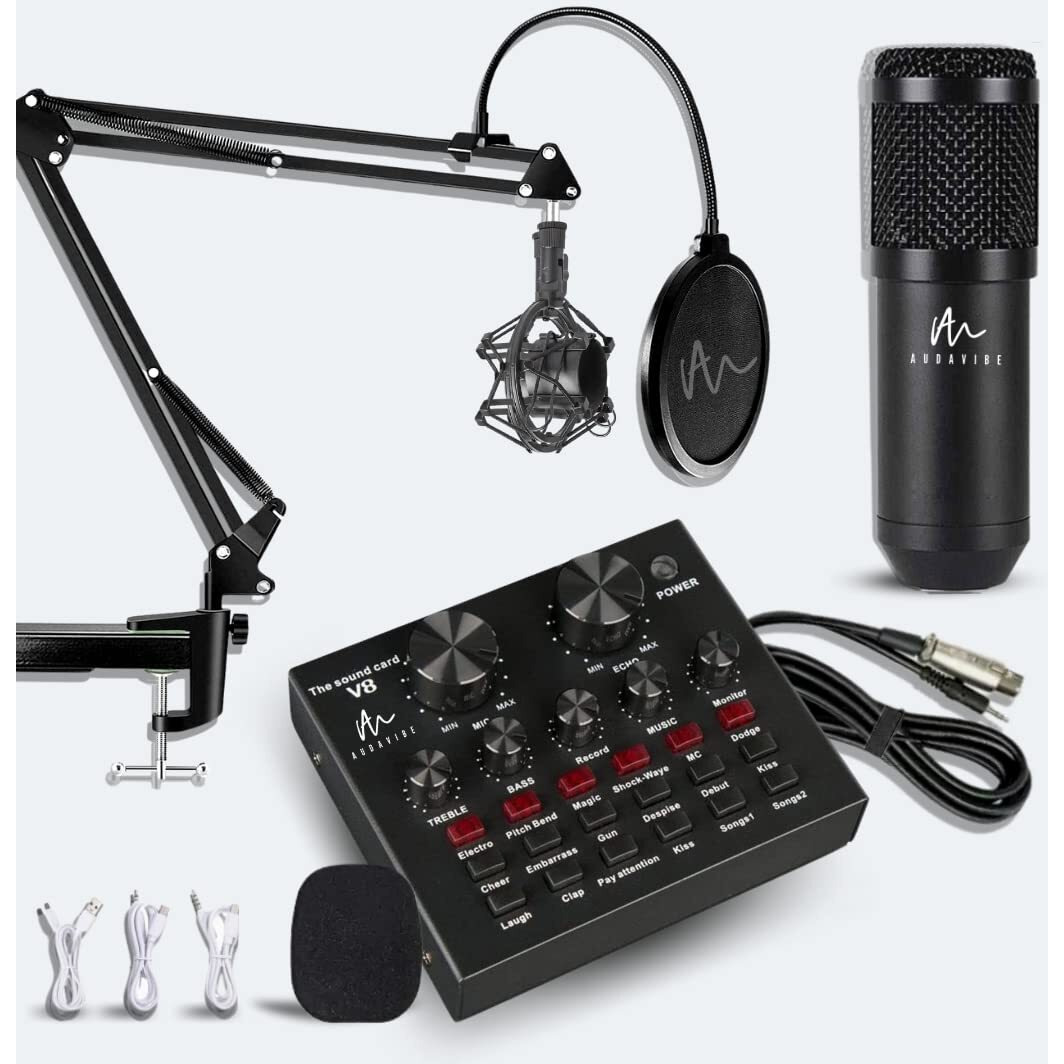 Audavibe Condenser Microphone Set +V8 Sound Card Amplifier Voice Changer Audio Mixer Interface| Singing Recording Smule Live Game Stream Podcast Broadcast (3.5mm Mic+Sound Card) (Black)