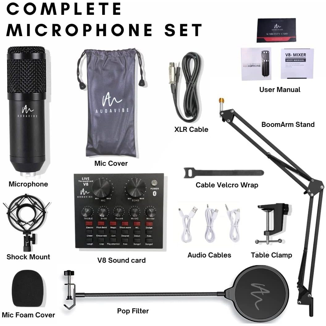 Audavibe Condenser Microphone Set +V8 Sound Card Amplifier Voice Changer Audio Mixer Interface| Singing Recording Smule Live Game Stream Podcast Broadcast (3.5mm Mic+Sound Card) (Black)
