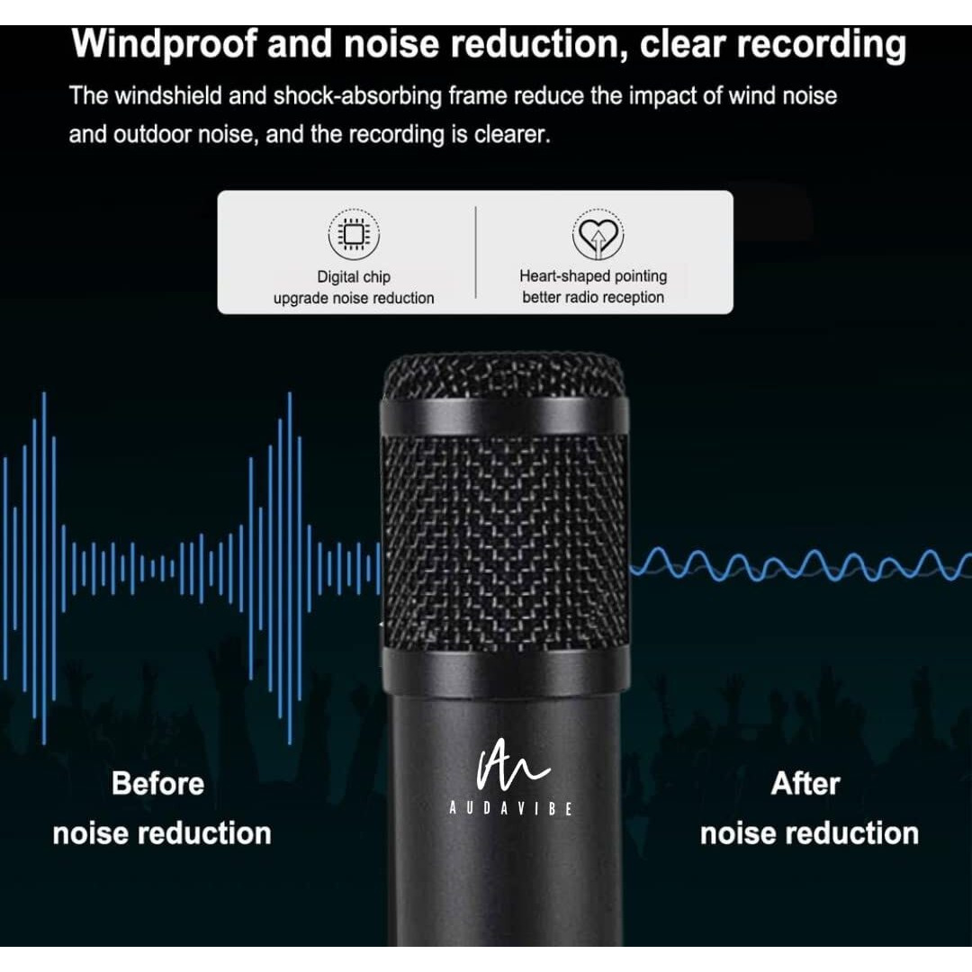 Audavibe Condenser Microphone Set +V8 Sound Card Amplifier Voice Changer Audio Mixer Interface| Singing Recording Smule Live Game Stream Podcast Broadcast (3.5mm Mic+Sound Card) (Black)