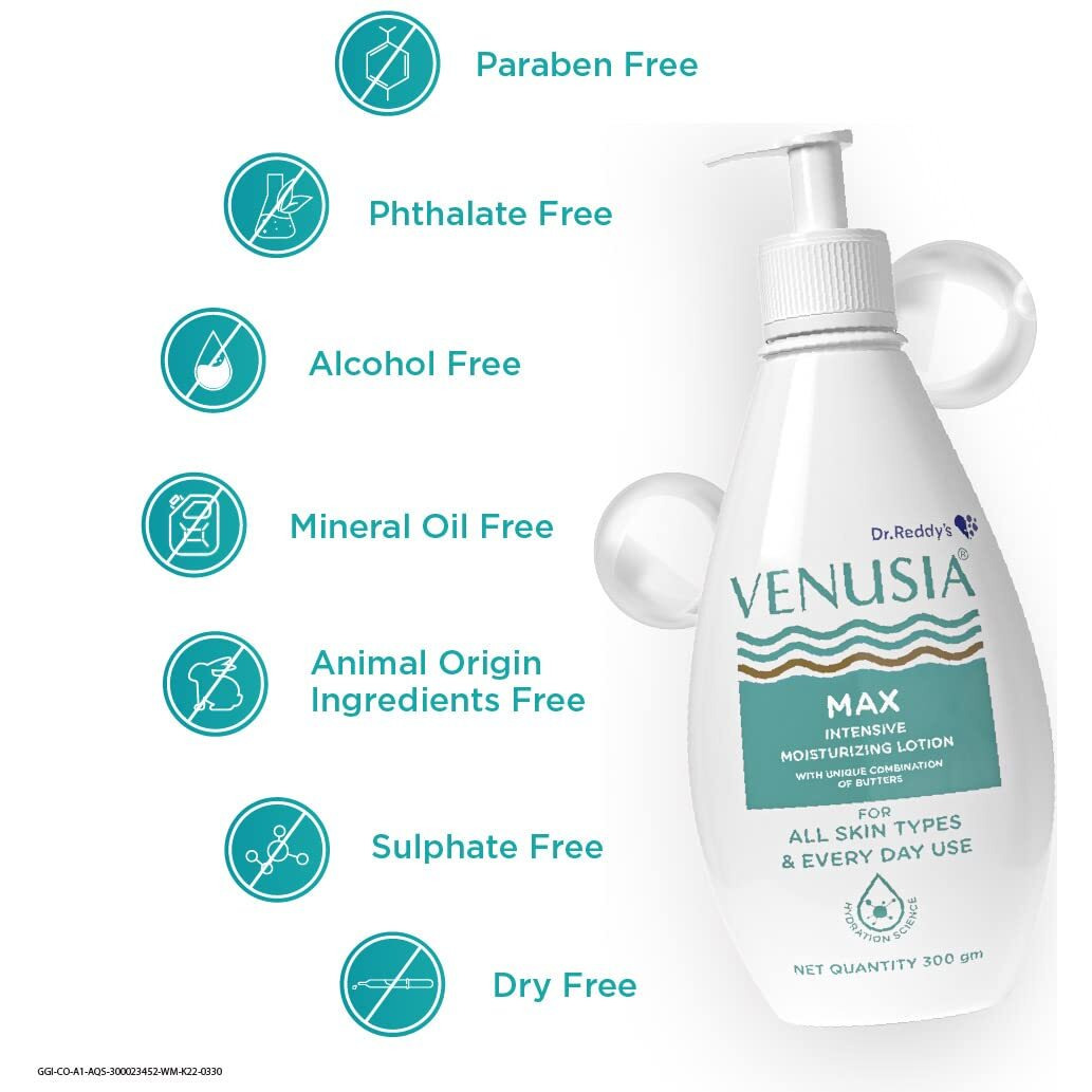 VENUSIA Dr. Reddy Venusia Max Intensive Moisturizing Lotion, Repairs Dry Skin, Soft and Smooth, Moisturized and Hydrated Skin for Up to 12 Hours- 300gm
