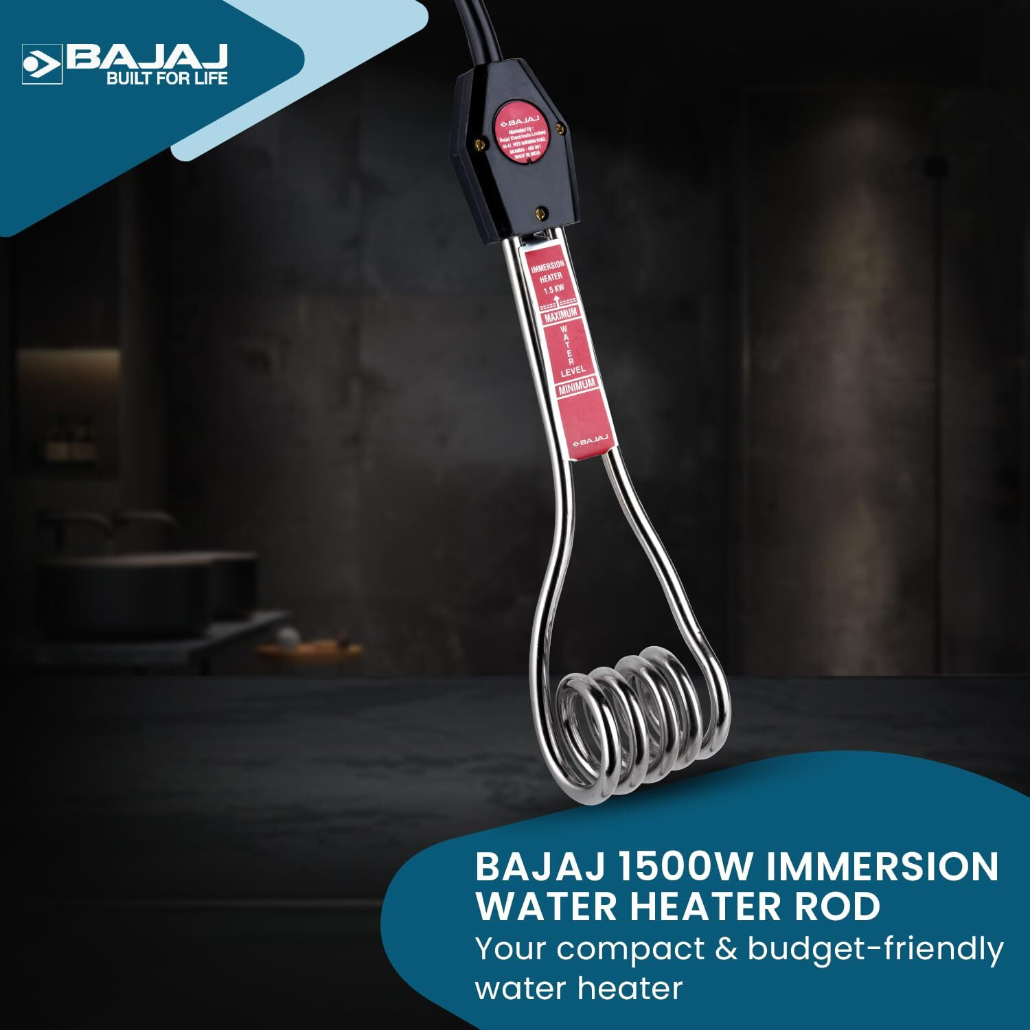 Bajaj Immersion 1500 Watts Water Heater Rod | Nickel Plated Heating| Copper | ISI Certified | 2 Years Warranty | Silver