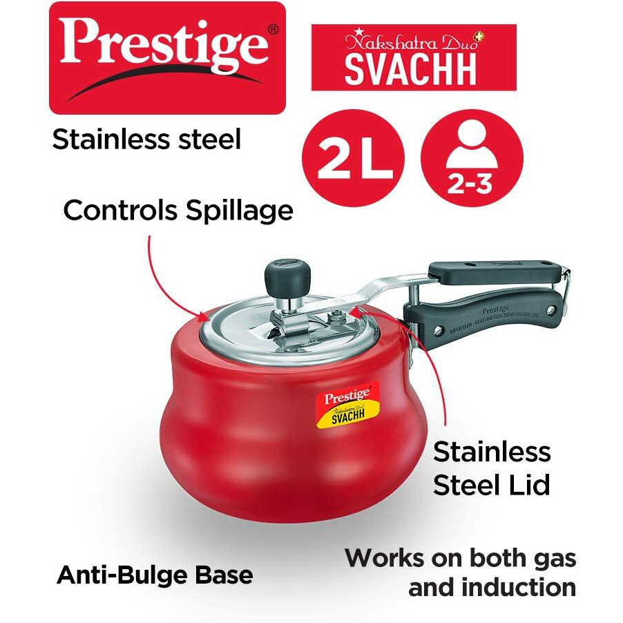 Prestige 2L Nakshatra DUO Plus Svachh Inner Lid Aluminium Handi|Ideal for 2-3 persons|Deep lid for Spillage Control|Gas or induction compatible|Red|5 years warranty