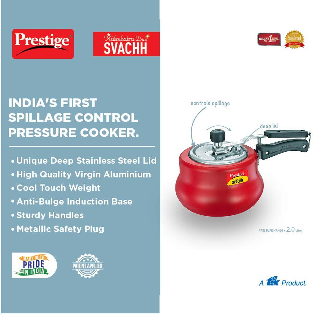 Prestige 2L Nakshatra DUO Plus Svachh Inner Lid Aluminium Handi|Ideal for 2-3 persons|Deep lid for Spillage Control|Gas or induction compatible|Red|5 years warranty