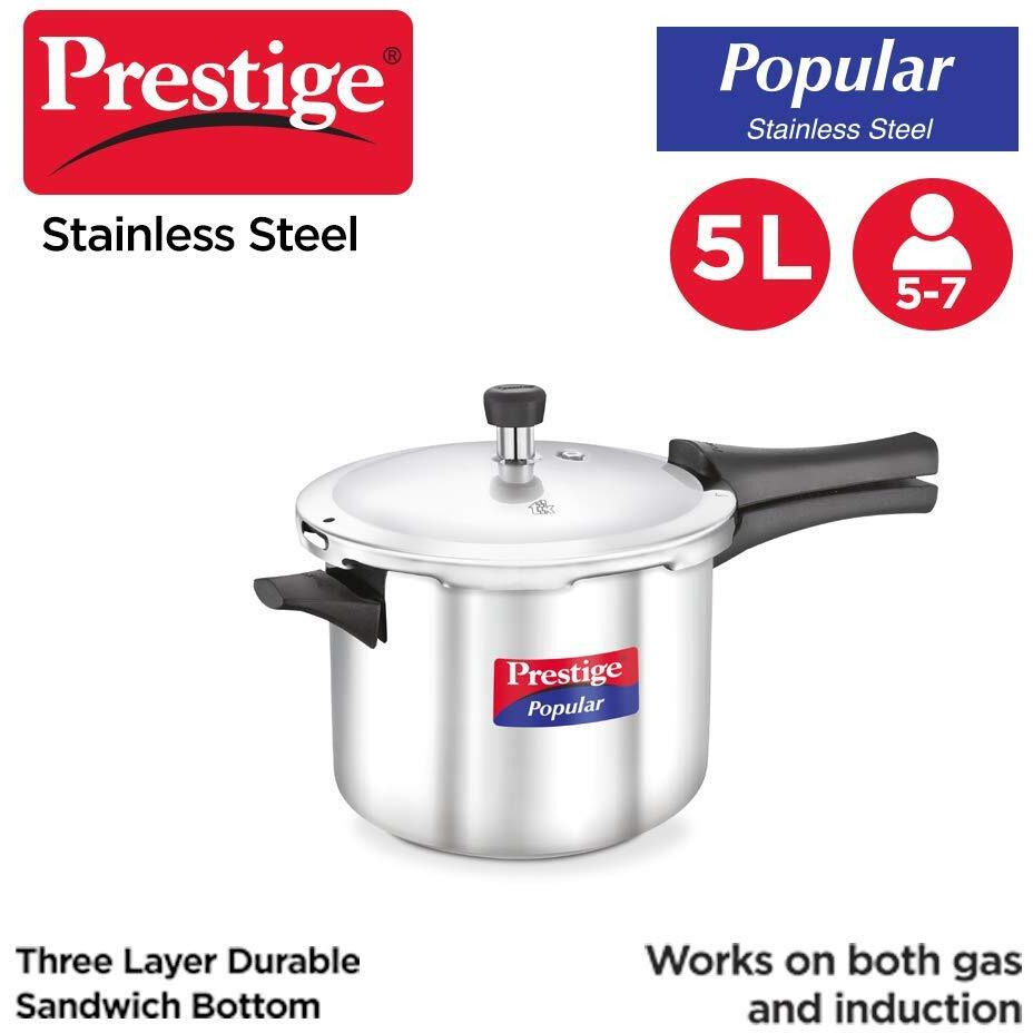 Prestige Popular 5L stainless steel pressure cooker(outer lid)|Ideal for 5-7 person|Gas & induction compatible|Controlled Gasket-Release System|5 years warranty