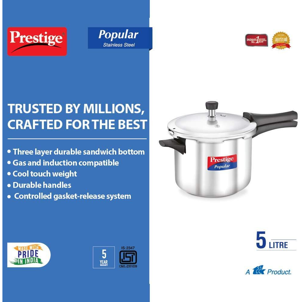 Prestige Popular 5L stainless steel pressure cooker(outer lid)|Ideal for 5-7 person|Gas & induction compatible|Controlled Gasket-Release System|5 years warranty