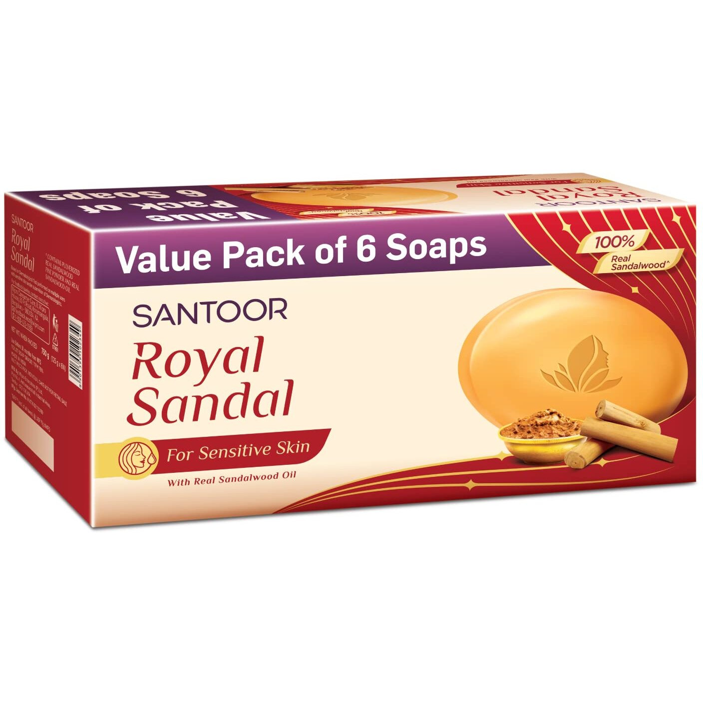 Santoor Royal Sandal Bathing Soap for Sensitive Skin| 100% Sandalwood Oil & Powder, Chamomile Oil, & Creamy Moisturizers| Soothes Skin, Gives Healthy Glow & Leaves Long Lasting Fragrance| 125g, Pack of 6