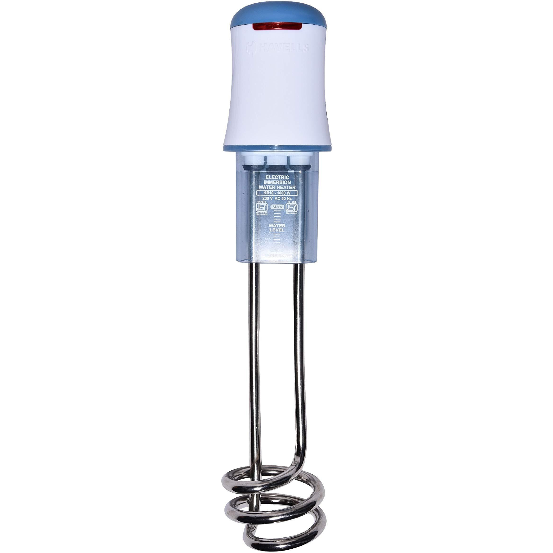 Havells Plastic Hb10 1000 watts Immersion Heater|Isi Mark Heavy Duty 3 Pin Moulded Plug,Touch Protection Cover|Waterproof,Heating Indicator,Nickel Plating,Warranty 2 Year Comprehensive|(White Blue)