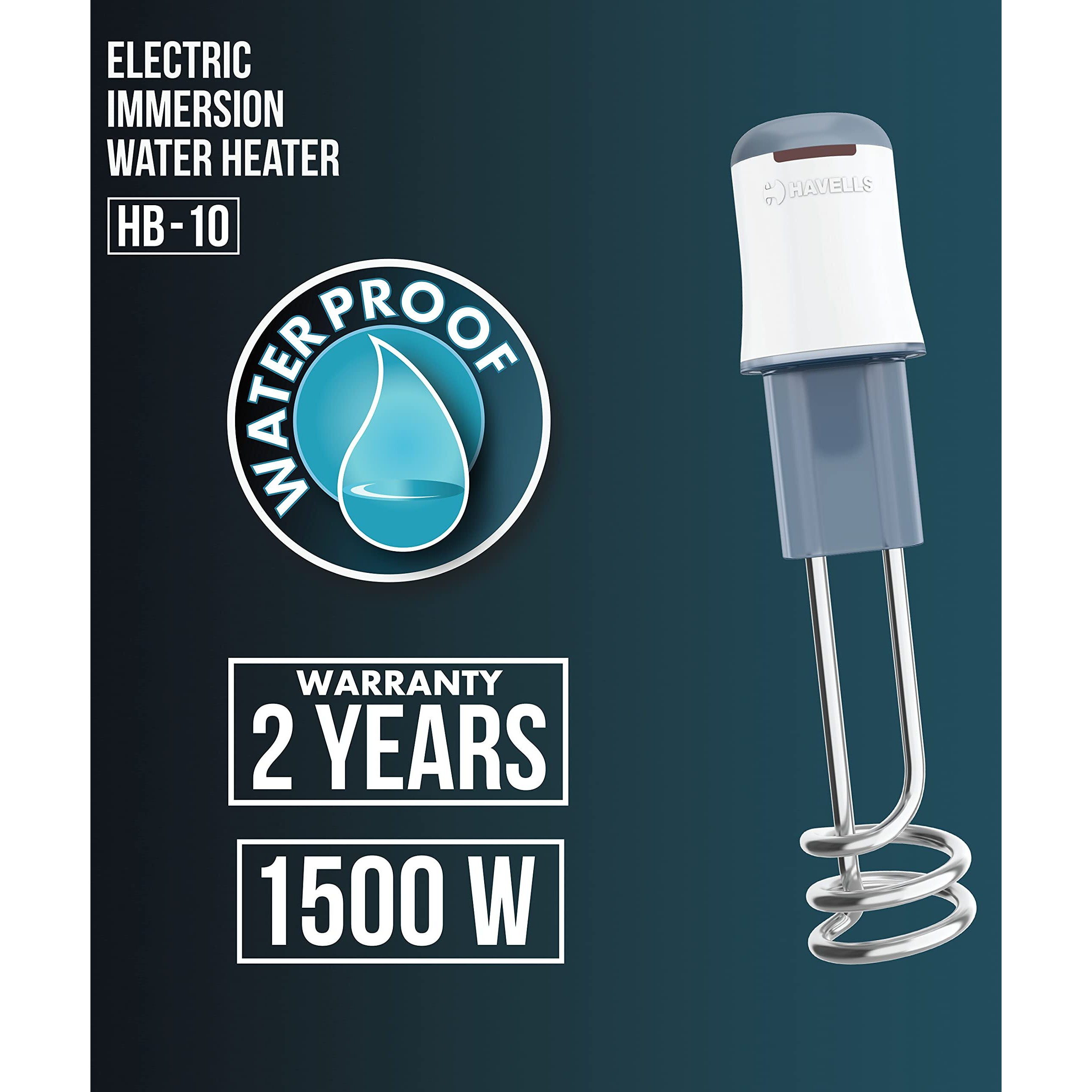 Havells Plastic Hb10 1000 watts Immersion Heater|Isi Mark Heavy Duty 3 Pin Moulded Plug,Touch Protection Cover|Waterproof,Heating Indicator,Nickel Plating,Warranty 2 Year Comprehensive|(White Blue)