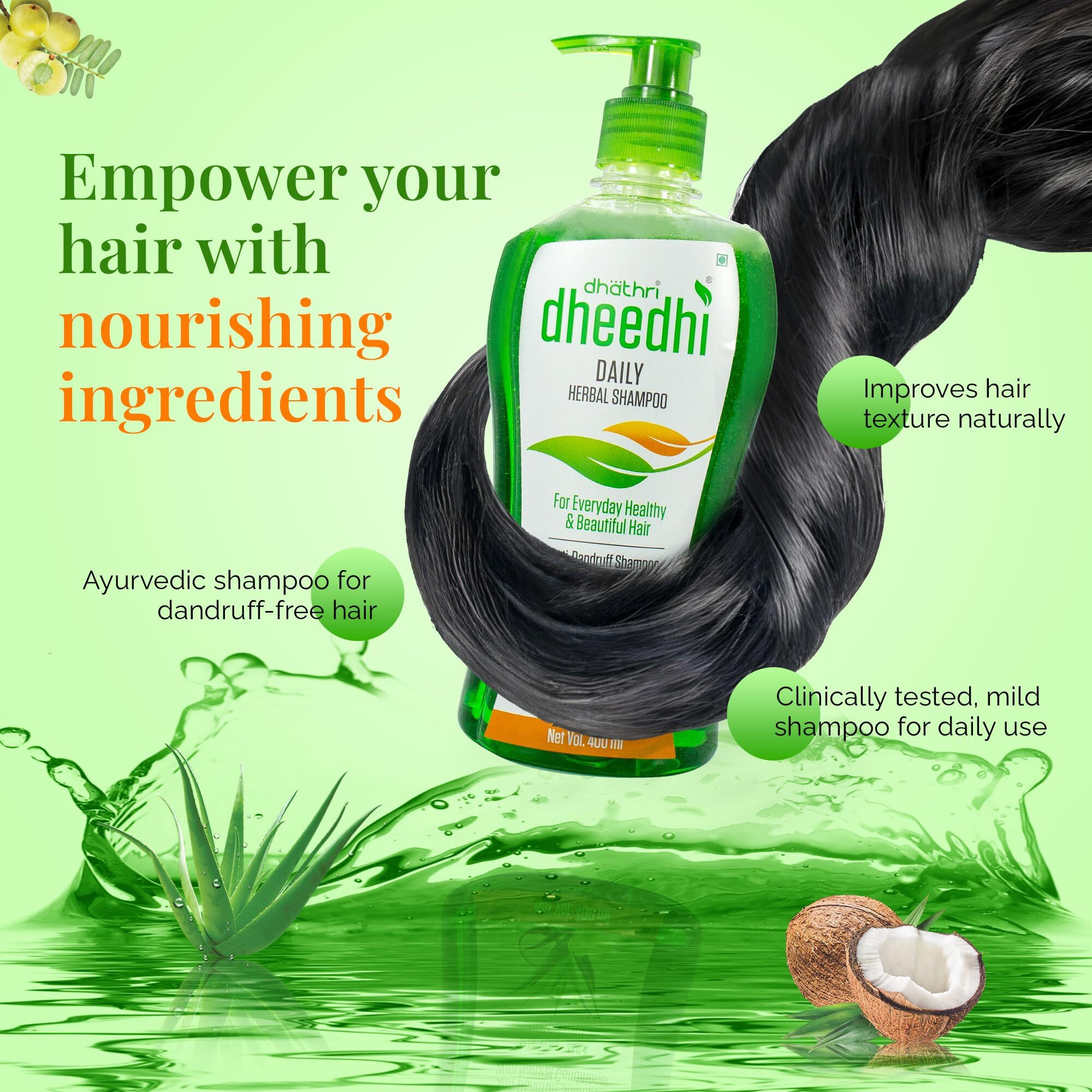 Dhathri Dheedhi Daily Herbal Shampoo to Reduce Dandruff & Promote Hair Growth, Ayurvedic Shampoo to Restore Hair Shine & Strength (400ml)