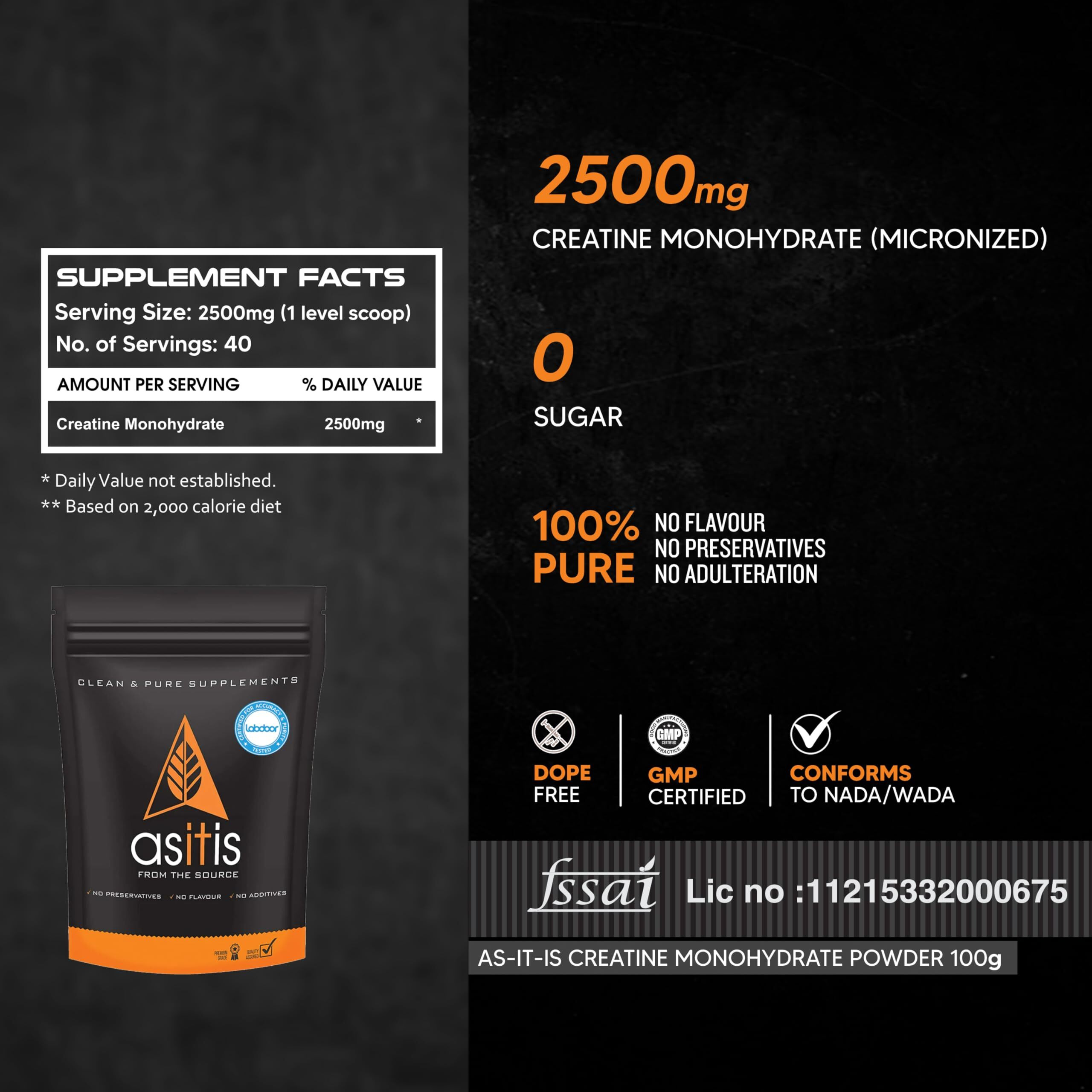AS-IT-IS Nutrition Creatine Monohydrate 100gms | USA Labdoor Certified for Accuracy & Purity