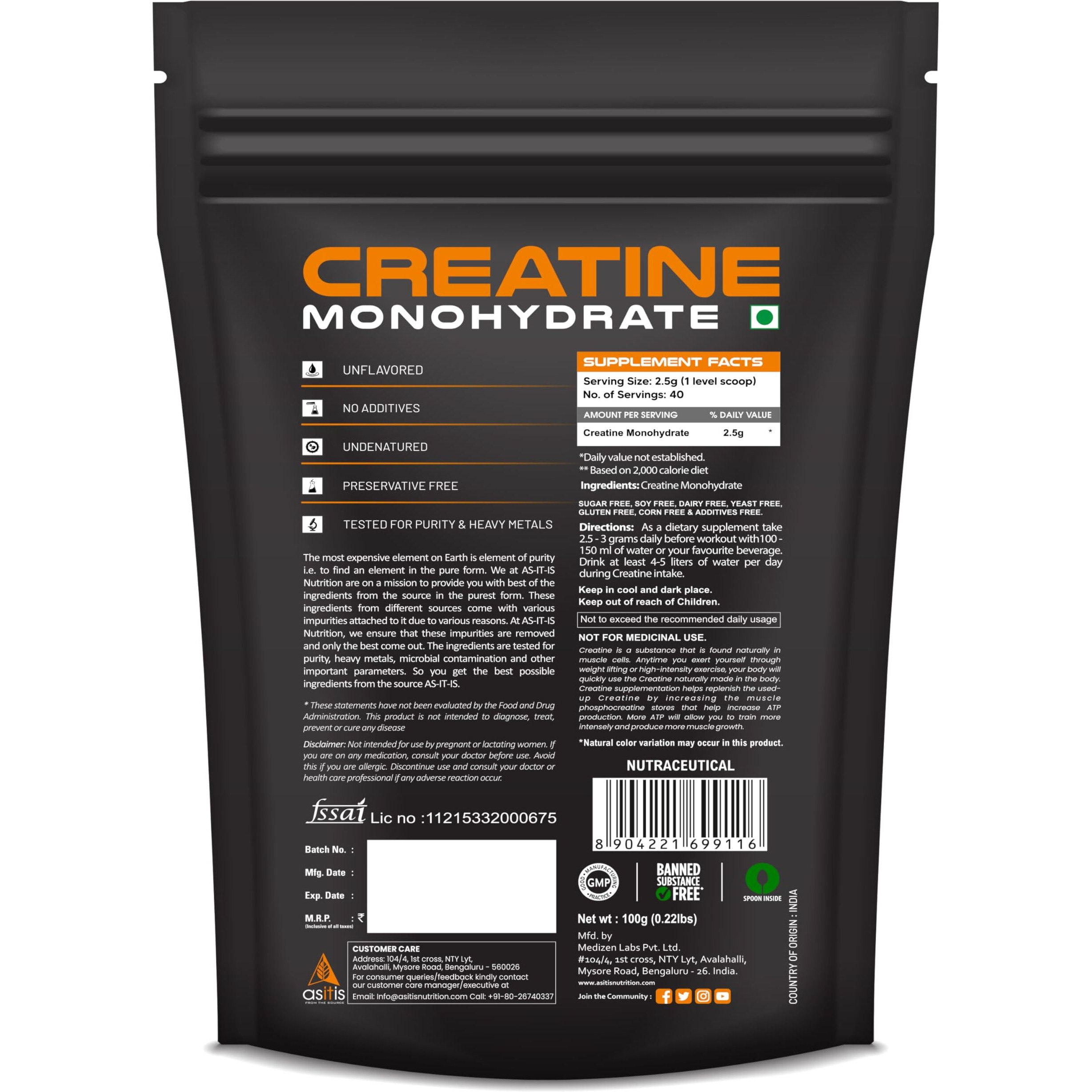 AS-IT-IS Nutrition Creatine Monohydrate 100gms | USA Labdoor Certified for Accuracy & Purity