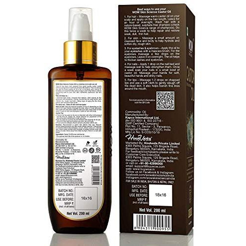 Wow Skin Science 100% Pure Castor Oil - Pure Cold Pressed Oil Blend and Hexane Free -Supports HealthierHair, Eyelashes, Skin & Nails | No Mineral Oil & Silicones - 200 ml