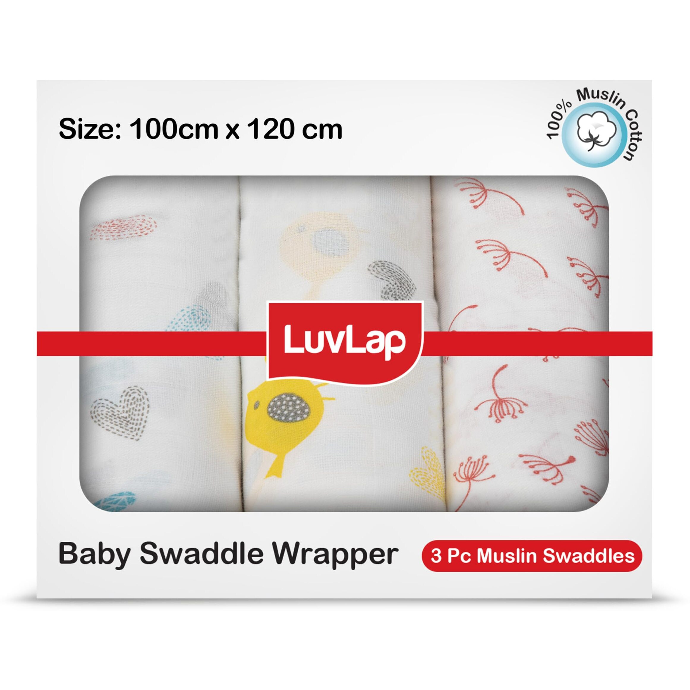 LuvLap 100% Cotton Muslin Baby Swaddle Set, Pack of 3, Size-120cm x 100cm (47 x39 ), Hearts Birds Printed on White, 0-18 Month+, Printed Mulmul Muslin Swaddle Wrap for New Born Baby, Baby Towel