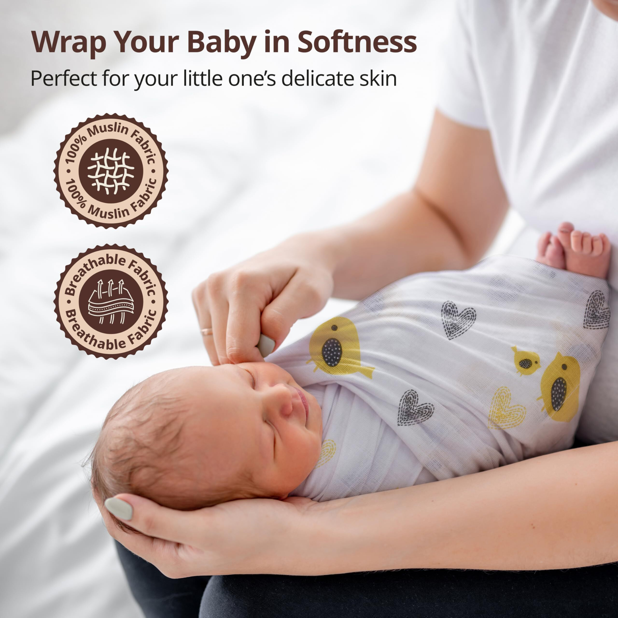 LuvLap 100% Cotton Muslin Baby Swaddle Set, Pack of 3, Size-120cm x 100cm (47 x39 ), Hearts Birds Printed on White, 0-18 Month+, Printed Mulmul Muslin Swaddle Wrap for New Born Baby, Baby Towel