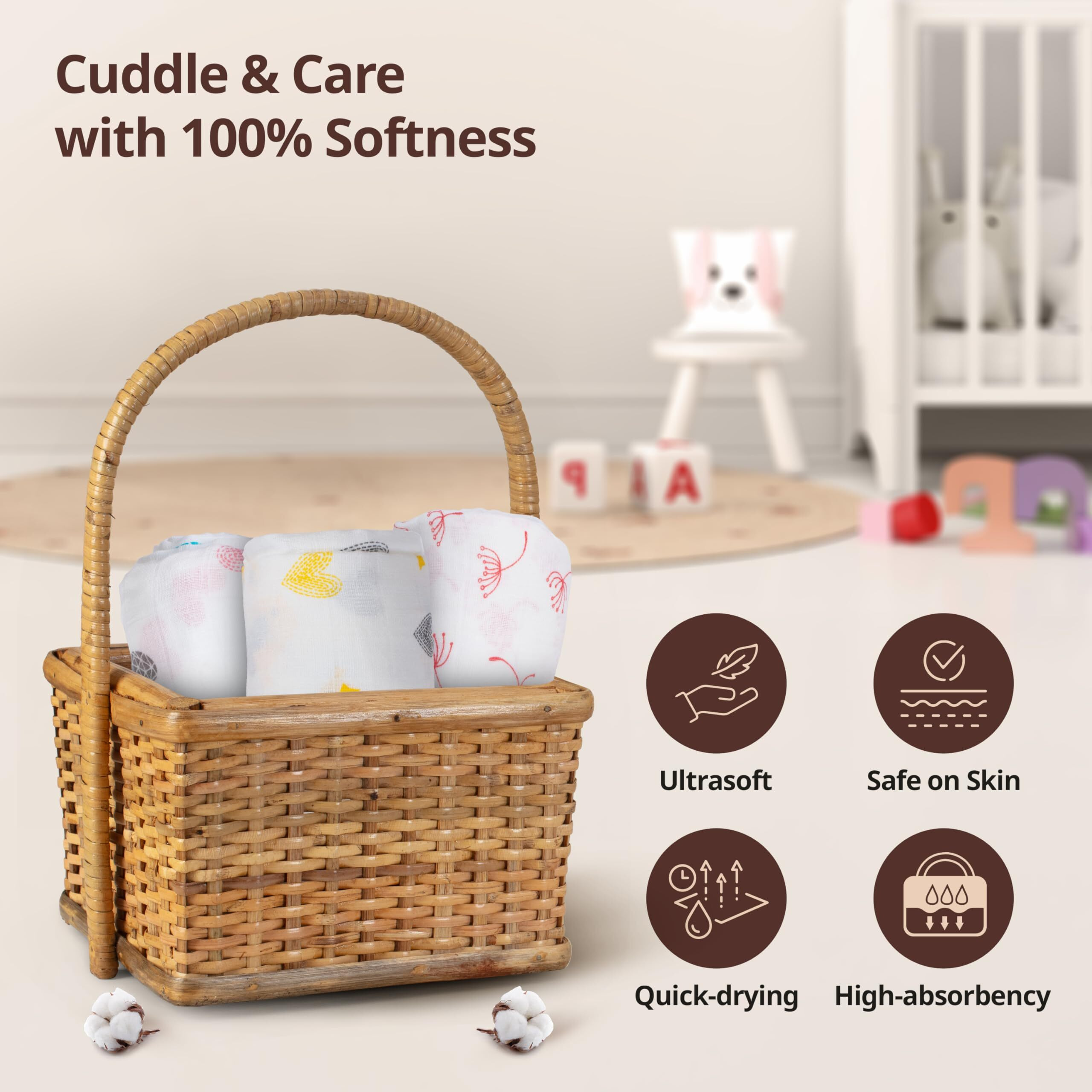 LuvLap 100% Cotton Muslin Baby Swaddle Set, Pack of 3, Size-120cm x 100cm (47 x39 ), Hearts Birds Printed on White, 0-18 Month+, Printed Mulmul Muslin Swaddle Wrap for New Born Baby, Baby Towel
