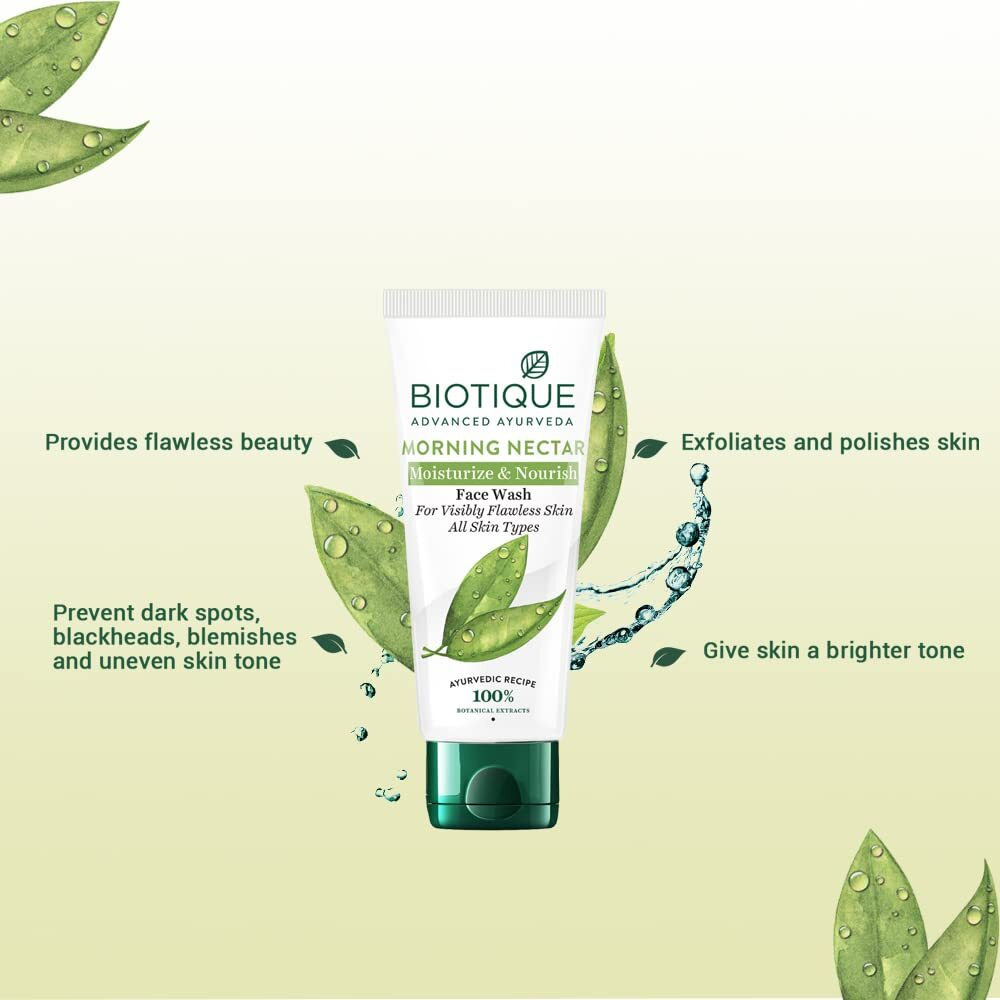 Biotique Morning Nectar Moisturize & Nourish Face Wash | Contains Wild Turmeric, Neem Leaves, & Morning Nectar | Visibly Flawless Skin | Suitable for All Skin Types | 150 ml