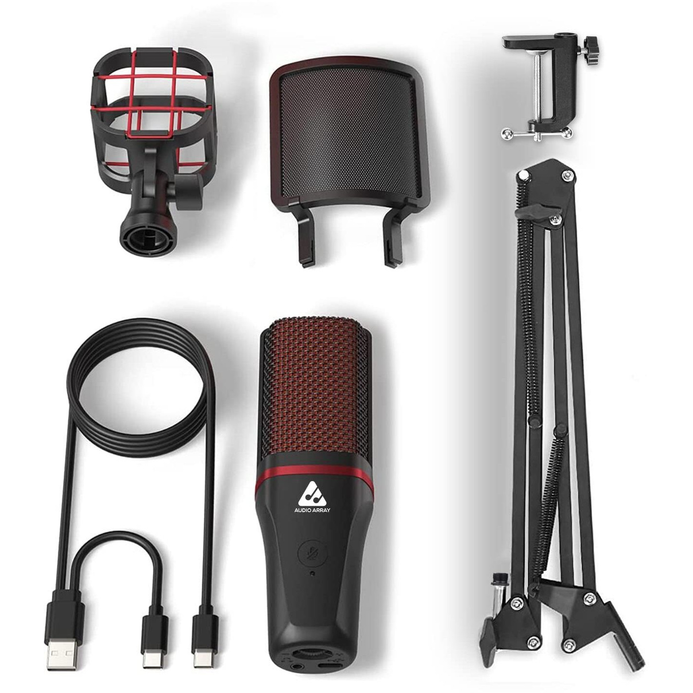 Audio Array AM-C7 USB 2 in 1 Plug & Play Condenser Microphone Kit with Boom Arm | 3.5 mm No Latency Monitoring, Volume Control & Mute Button| for Conference, Gaming, Podcasting & Live Streaming.