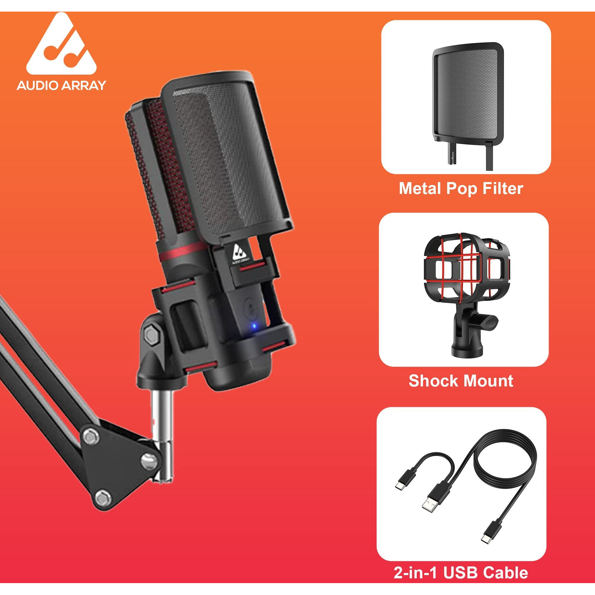 Audio Array AM-C7 USB 2 in 1 Plug & Play Condenser Microphone Kit with Boom Arm | 3.5 mm No Latency Monitoring, Volume Control & Mute Button| for Conference, Gaming, Podcasting & Live Streaming.