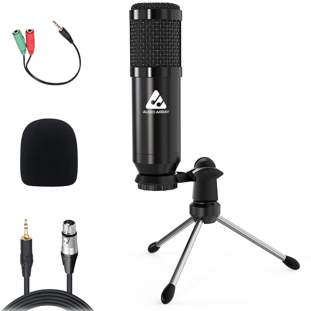 Audio Array AM-C39 XLR to 3.5mm Condenser Microphone Kit | Tripod, 2M Cable & Foam Filter | Compatible with Audio Interface, Mixer | Recording, Podcast, Streaming, Home Studio (Black)