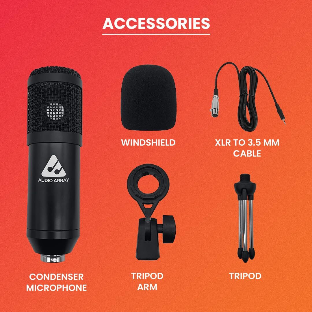 Audio Array AM-C39 XLR to 3.5mm Condenser Microphone Kit | Tripod, 2M Cable & Foam Filter | Compatible with Audio Interface, Mixer | Recording, Podcast, Streaming, Home Studio (Black)