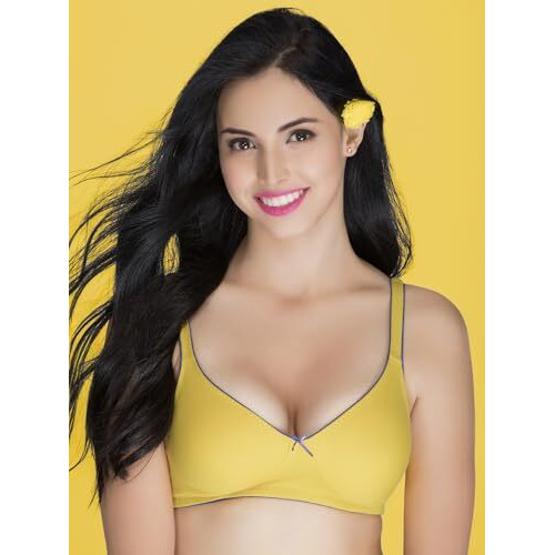 Clovia Women s 100% Cotton Wire Free Half Cup Full-Coverage Bra (BR0584P02-32C_Yellow_32 C)