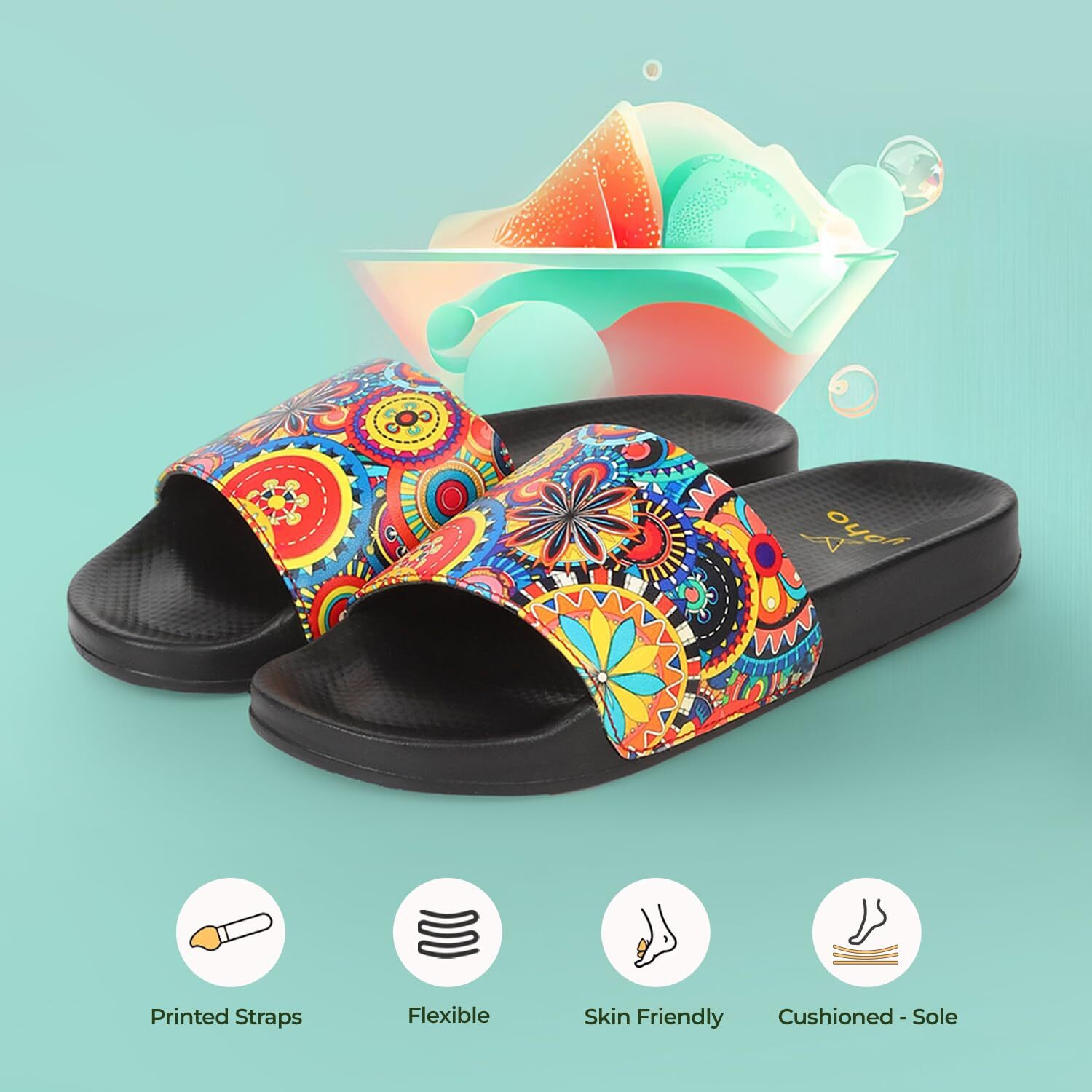 YOHO Tropica Printed Comfortable Women Slides | Stylish & Waterproof | Soft Inner Lining On Strap
