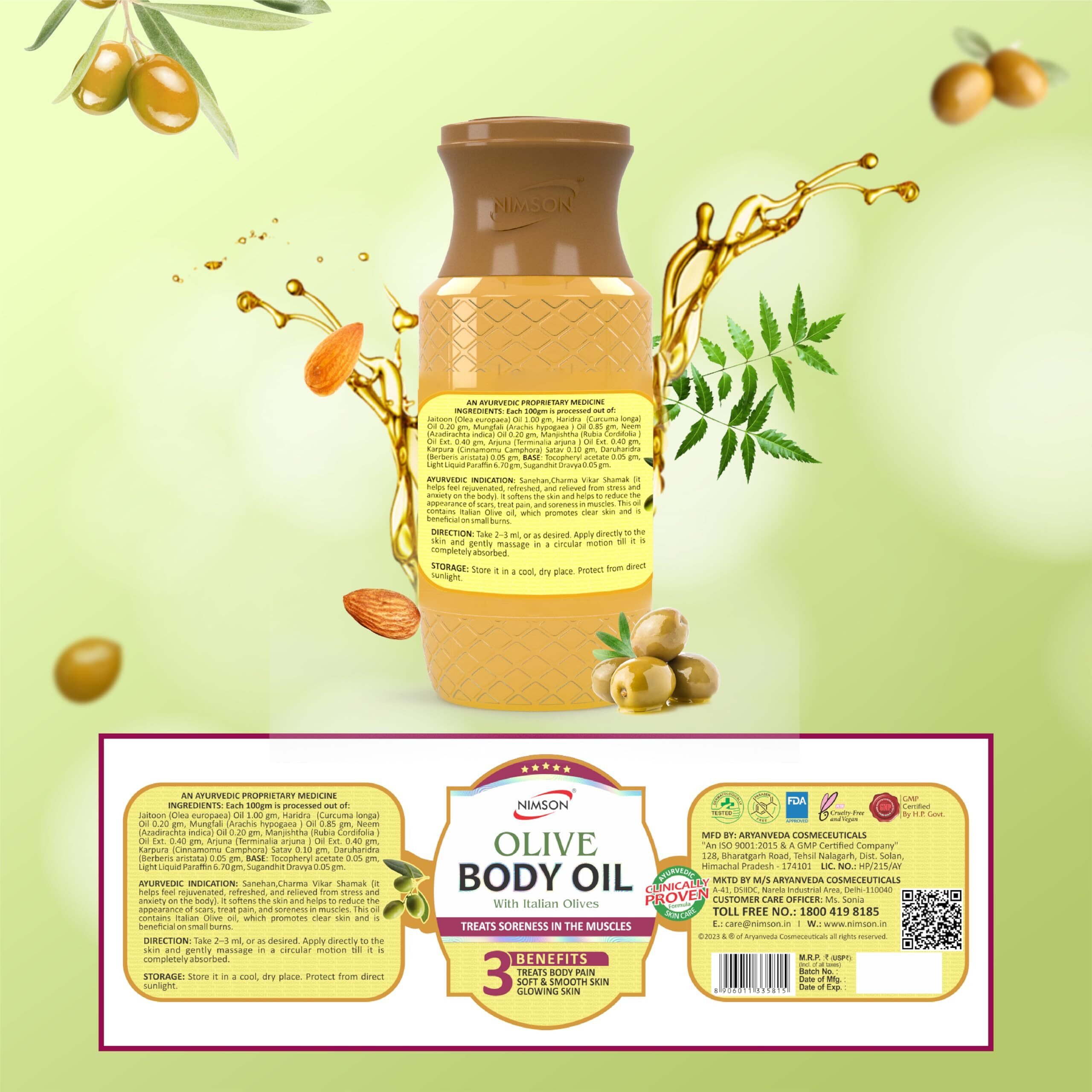 Nimson Olive Body Oil | Deep Moisturization, Soothing Relief | Italian Olives, Hydrating Formula | 500ml Bottle | Dry Skin, Radiant Glow, Ethically Sourced