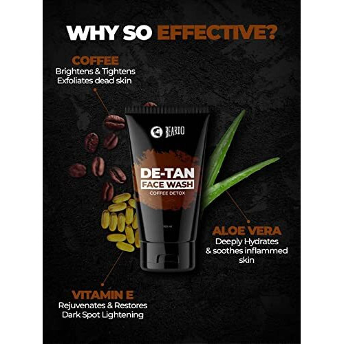 Beardo DeTan Face Wash for Men | With Vitamin E, Aloe Vera & Coffee | All in One Tan removal Face Wash for Men | Exfoliates, Brightens and Hydrates Skin | All Skin type | 100ml
