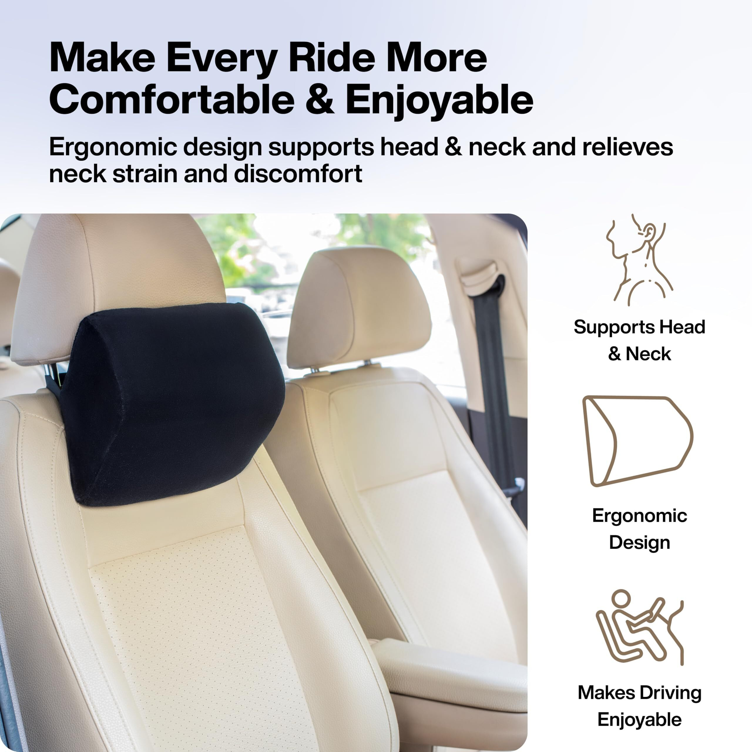 FOVERA Car Neck Rest Pillow | 2 Years Warranty | Memory Foam Neck Pillow for Car, Car Seat Head Rest Cushion for Neck & Cervical Support - Relieves Neck Pain (Standard, Black, Pack of 1)