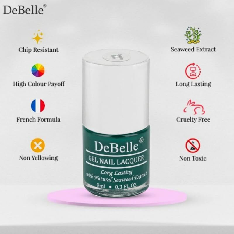 DeBelle Gel Glossy Finish Nail Polish Hyacinth Folio (Bottle Green), 8 Ml - Enriched With Natural Seaweed Extract, Cruelty Free, Toxic Free