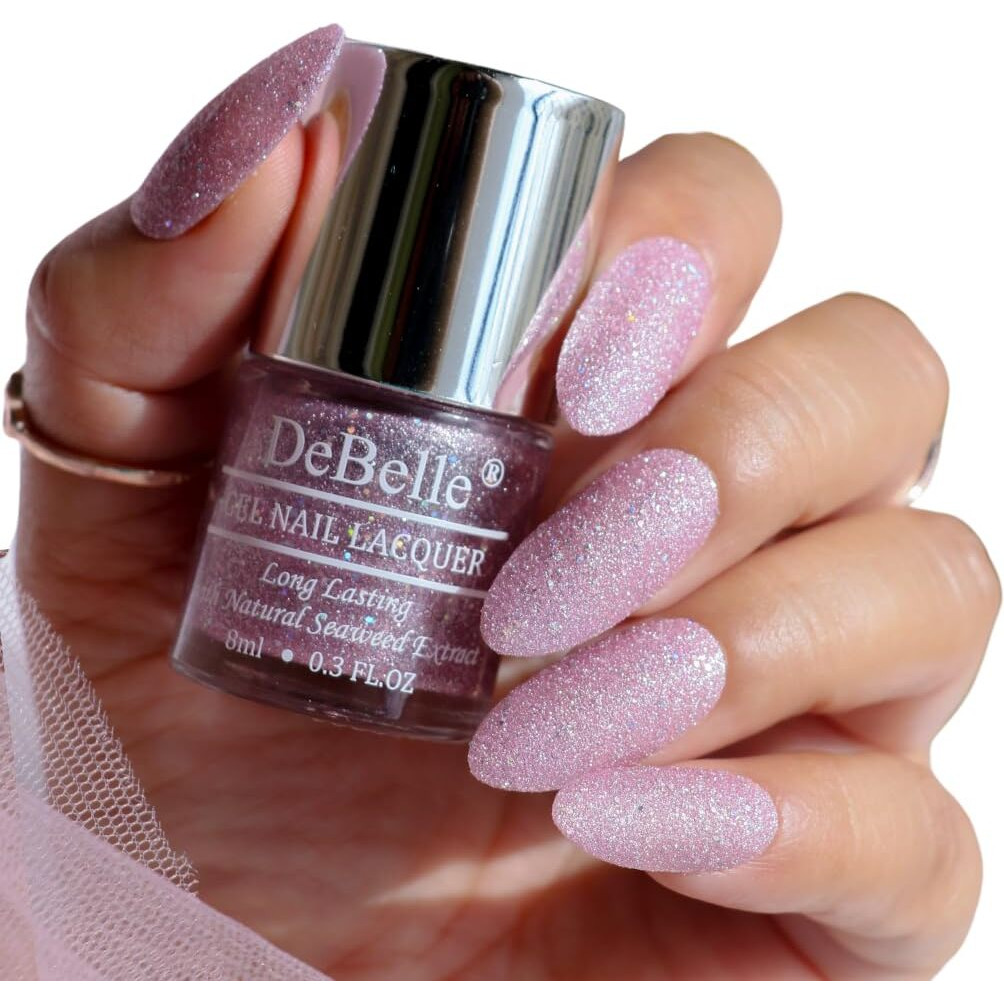 DeBelle Gel Nail Polish Ophelia (Lavender with Holo Glitter Sugar Finish Nail Paint)|Non UV - Gel Finish |Chip Resistant | Seaweed Enriched Formula| Long Lasting|Cruelty and Toxic Free| 8ml