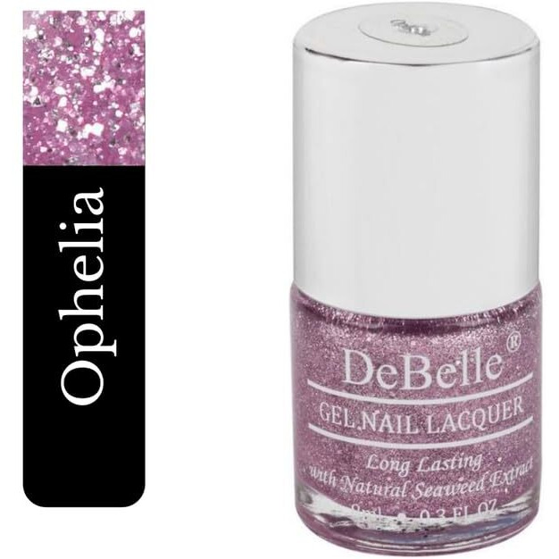 DeBelle Gel Nail Polish Ophelia (Lavender with Holo Glitter Sugar Finish Nail Paint)|Non UV - Gel Finish |Chip Resistant | Seaweed Enriched Formula| Long Lasting|Cruelty and Toxic Free| 8ml