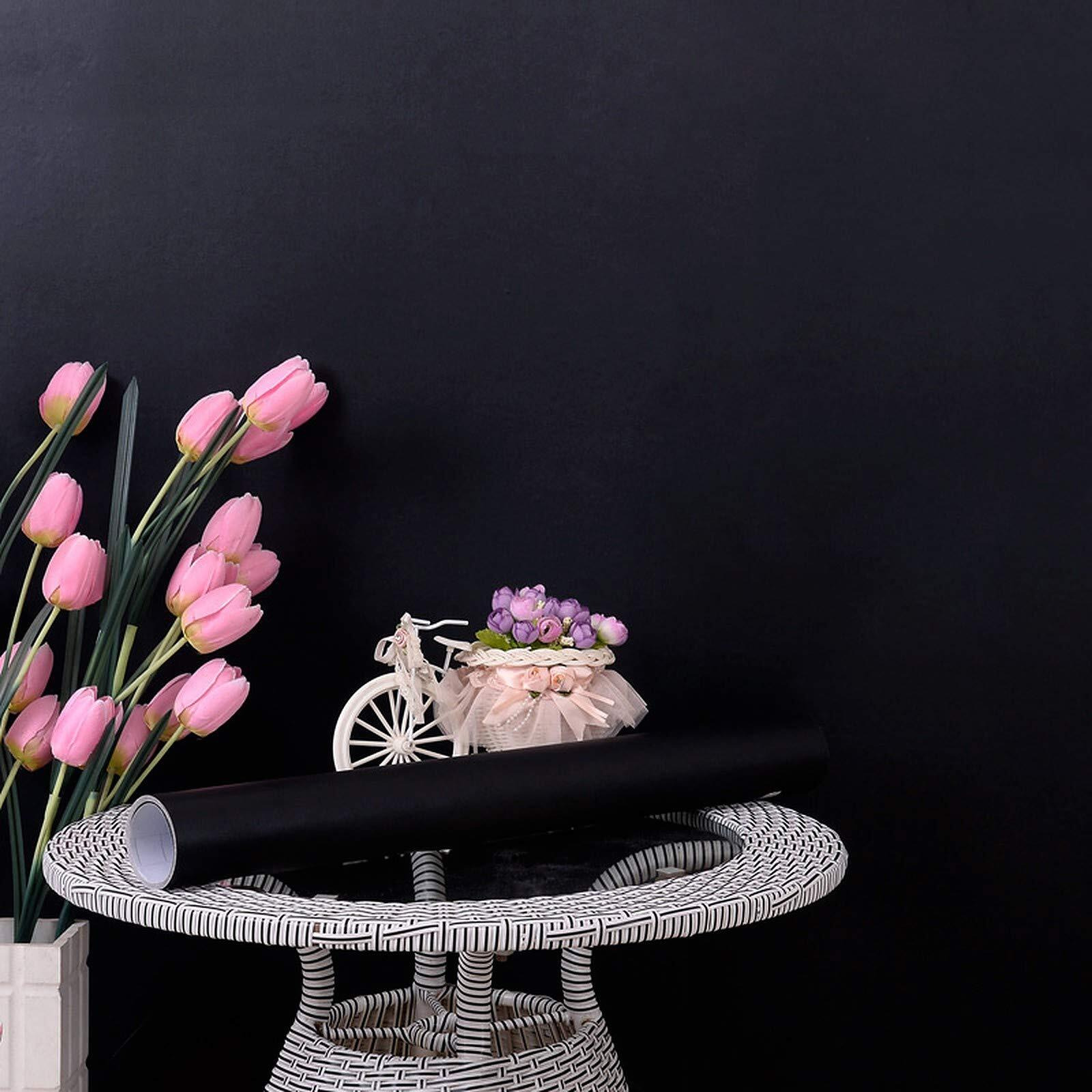 wolpin Wall Sticker Wallpaper (45 X 600 Cm) Solid Colour Home Renovation Diy Project, Gift Wrapper, Furniture, Fridge, Refrigerator, Kitchen Cupboard, Cabinets, Black, Self-Adhesive