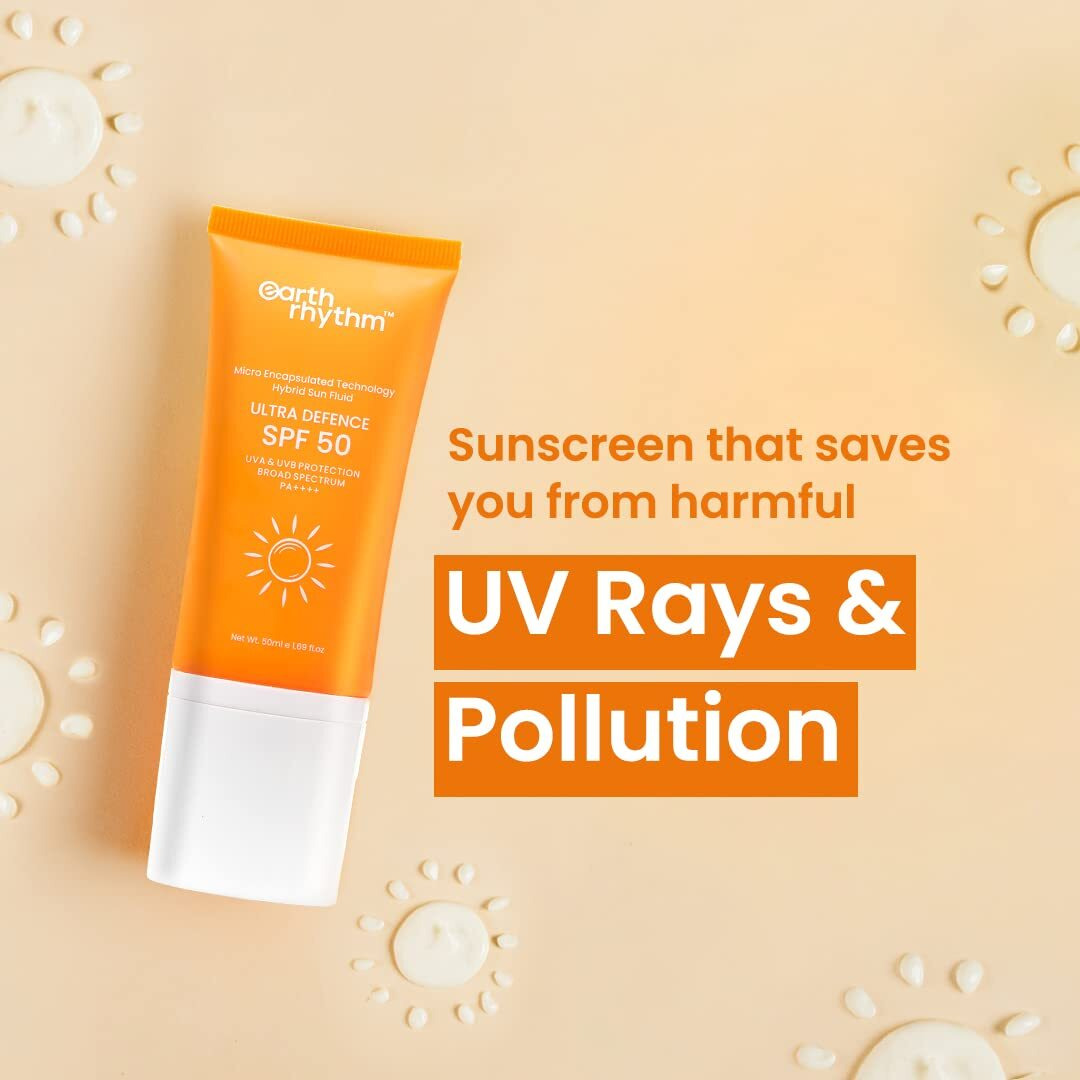 Earth Rhythm Ultra Defence Hybrid Sunscreen SPF 50 | PA++++ UVA/B Borad Spectrum, Lightweight, No White Cast Non Sticky/Non Greasy | For Men & Women - 50ml
