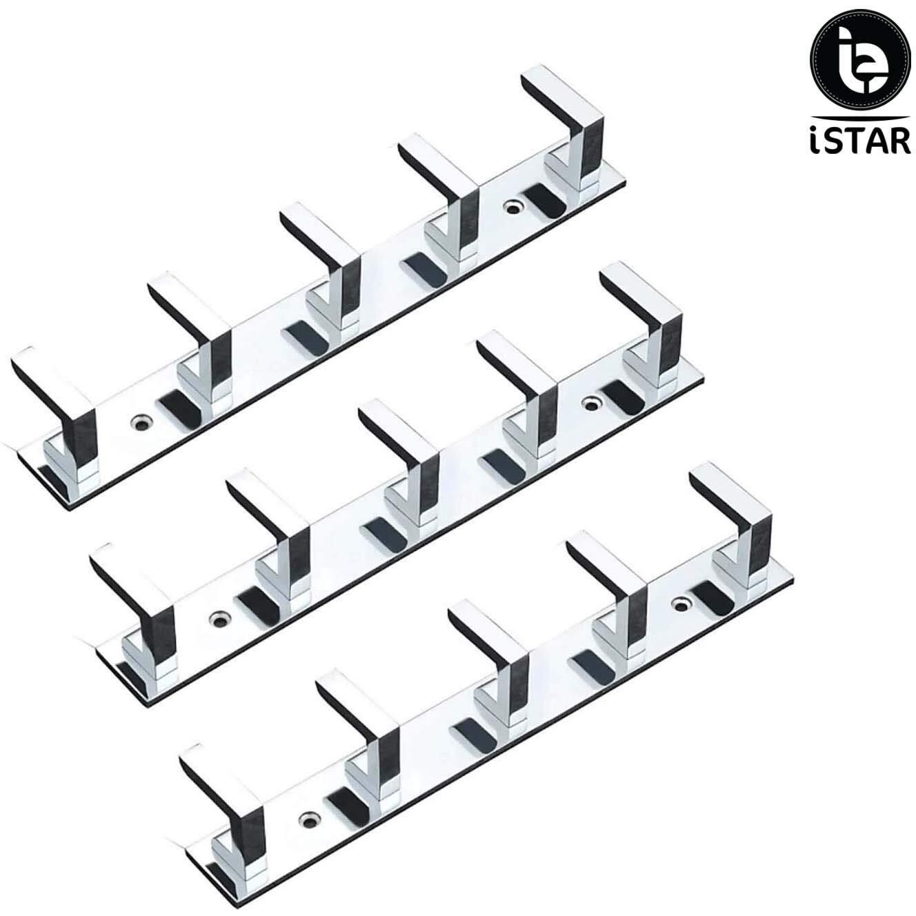 iSTAR 5 Pin Bathroom Cloth Hooks Hanger Door Wall Bedroom Bathroom Robe Hooks Rail for Hanging Keys,Clothes,Towel Steel Hook (Pack of 3, Silver)