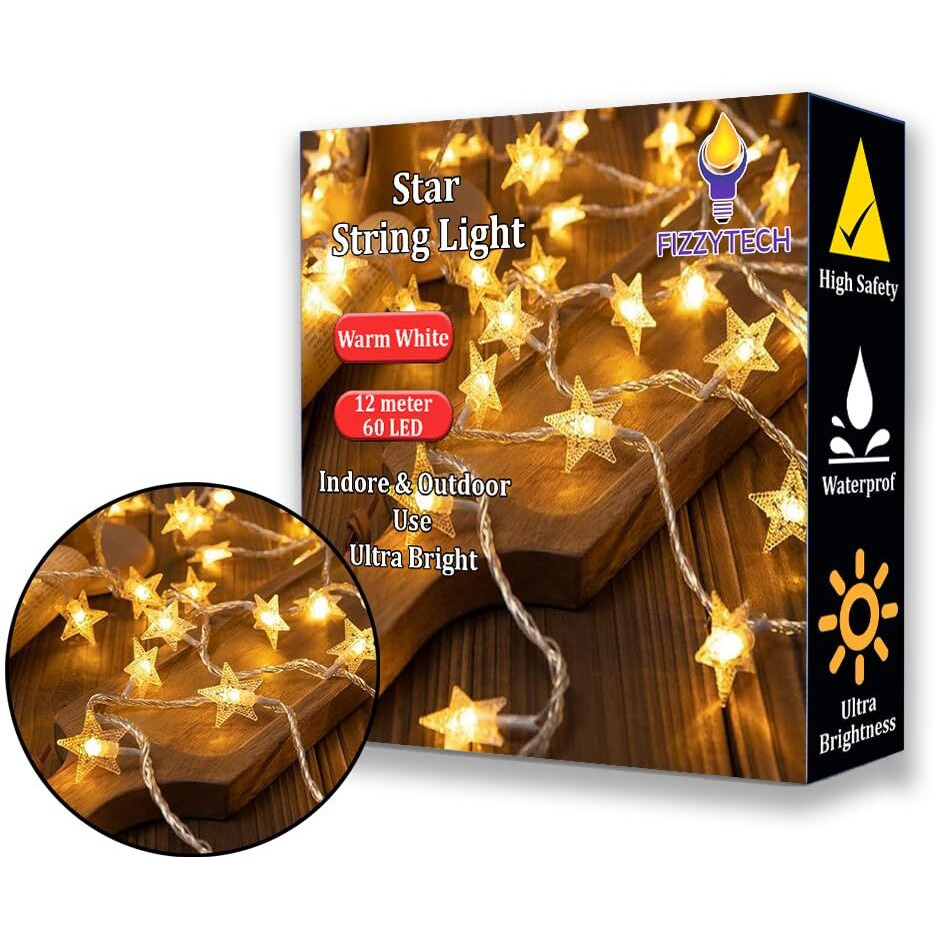 fizzytech Plastic Star Fairy String Lights Of Home Decoration Diwali Light For Party Birthday Diwali Christmas Navratri Valentine Gift And Lights Of Home Decoration (12 Meter 60 Led, Warm White)