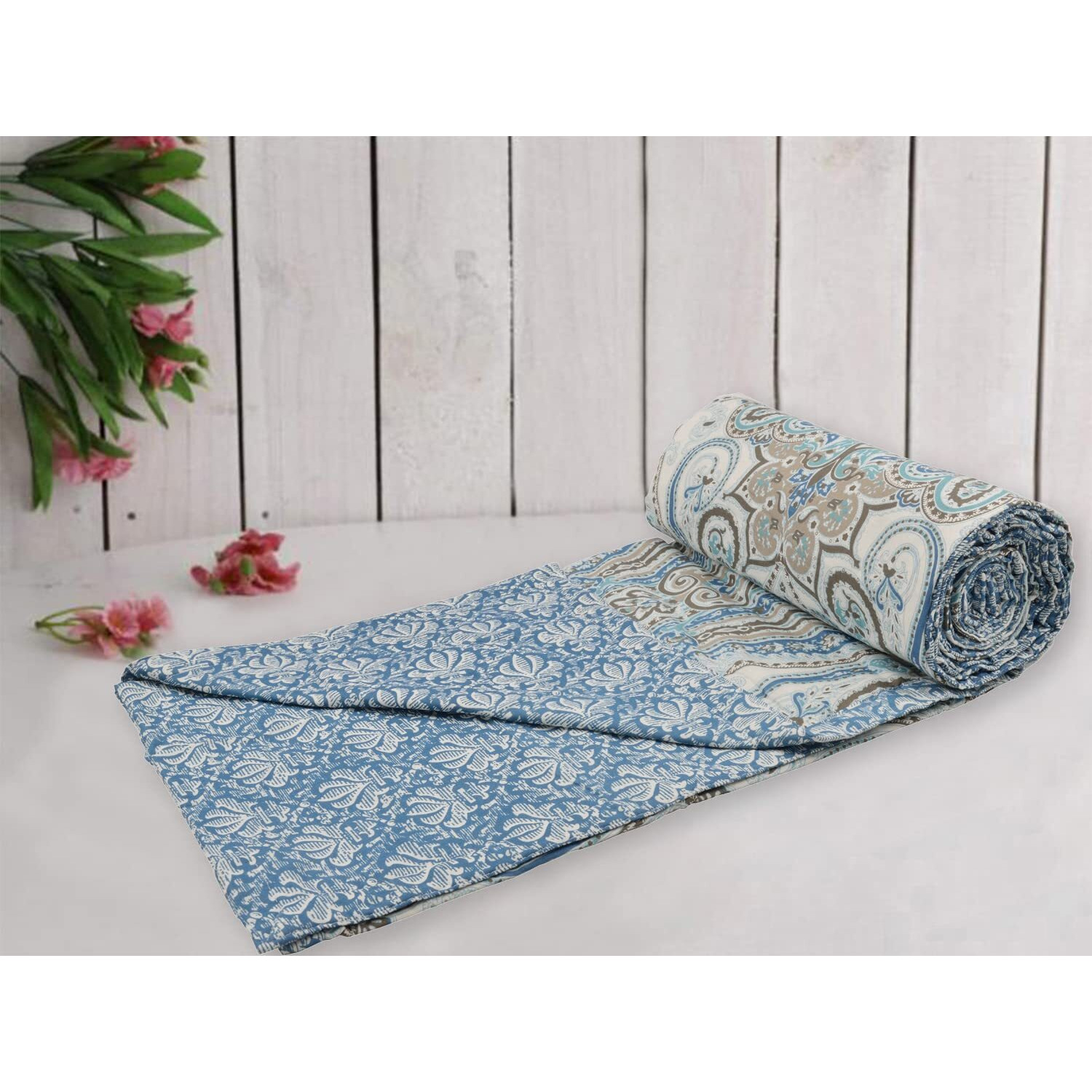 Trance Home Linen 100% Cotton Reversible Dohar Single Bed Size | Jaipuri Printed Artisan Block Design Blanket | Soft Lightweight Ac Comforter Quilt (56 X88 ,Nargis Blue), 200 TC