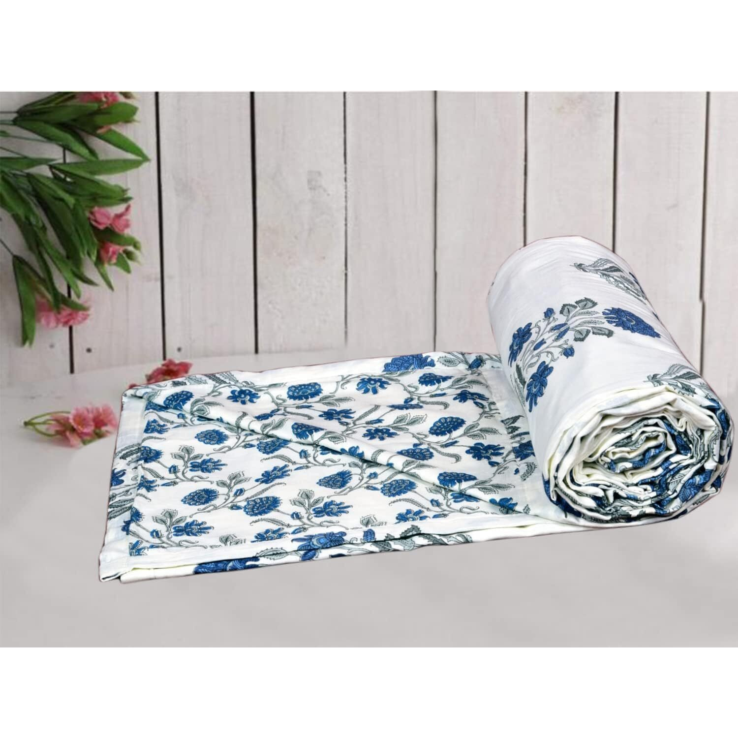 Trance Home Linen 100% Cotton Reversible Dohar Double Bed Size | Jaipuri Printed Artisan Block Design Blanket | Soft Lightweight Ac Comforter Quilt (84 X88 , Aangan Blue White), 200 TC