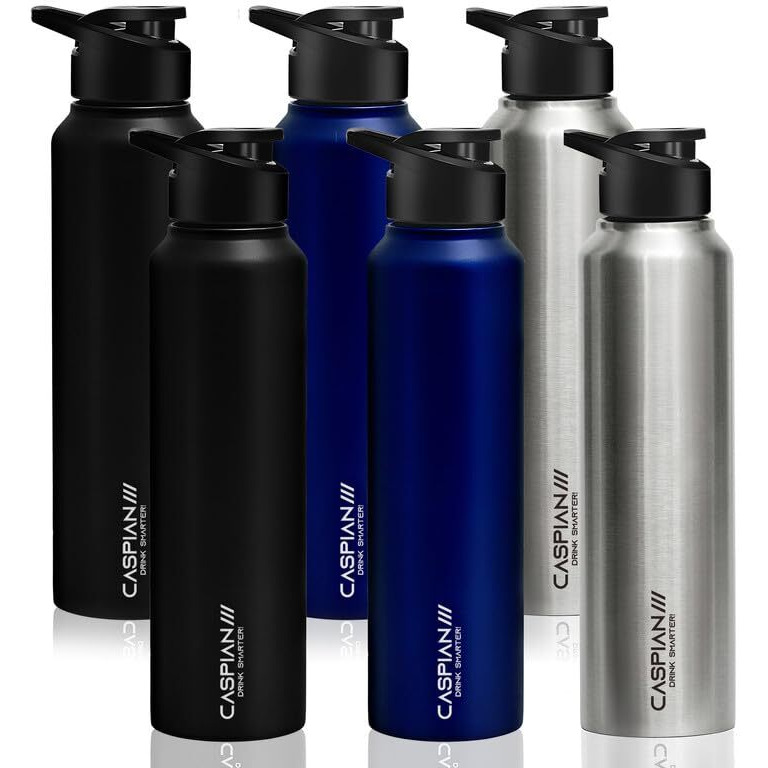 CASPIAN /// Hike Stainless Steel Sipper Water Bottle (Blue-Black-Silver, 1 Litre, Set of 6)| Leak Proof Thunder for Fridge Home Office Travel School Kids Boys Girls Adults Sports Gym Yoga